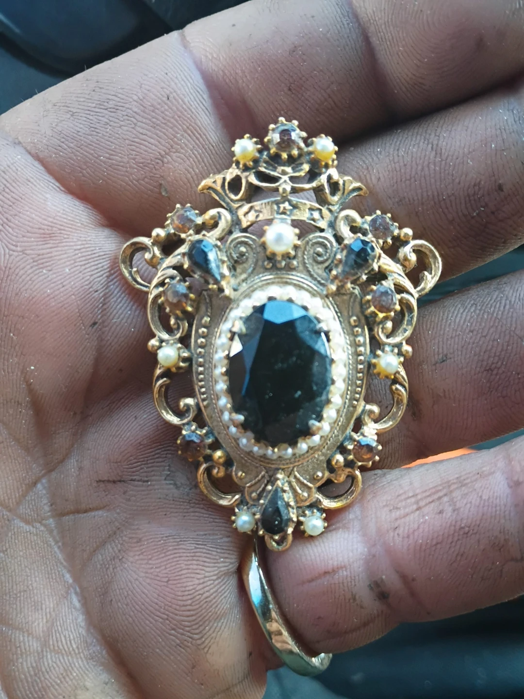Vintage Ornate Brooch with Black Stone and Pearls