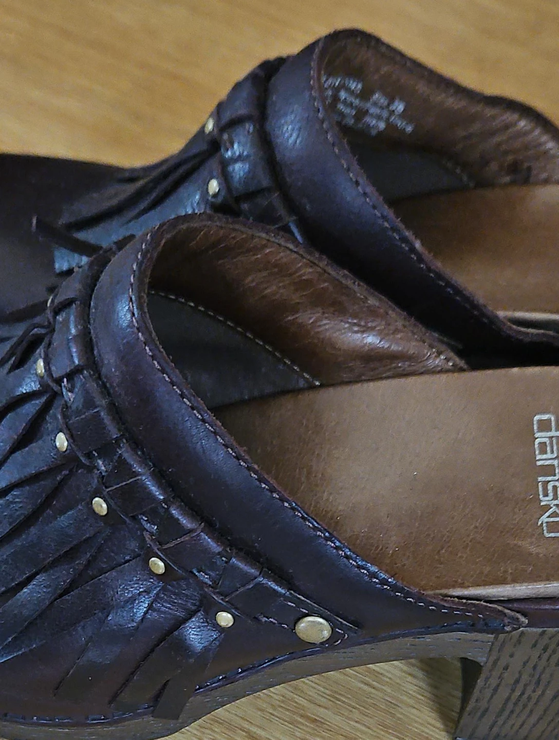 Dansko Brown Leather Fringe Clogs