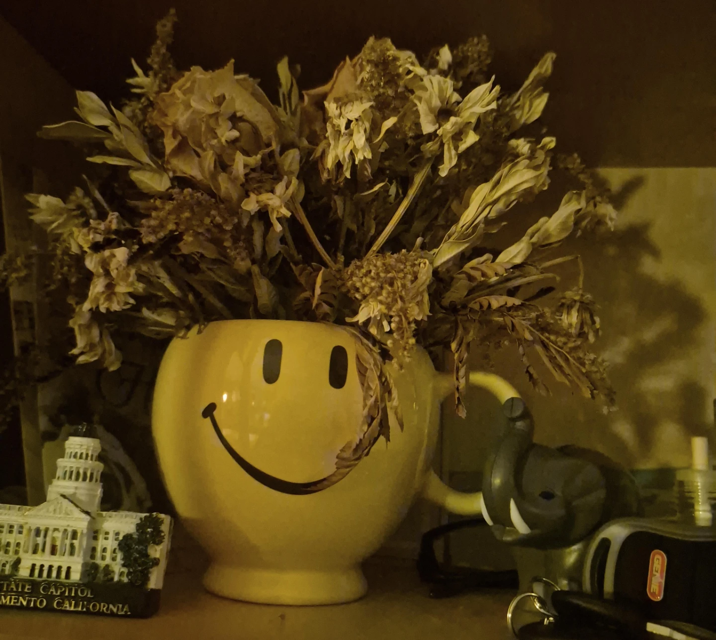 Yellow Smiley Face Ceramic Mug with Dried Flowers