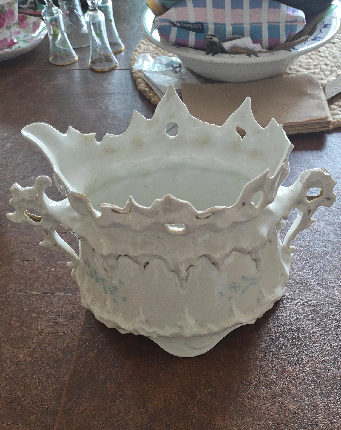 Ornate White Ceramic Pot Planter with Handles