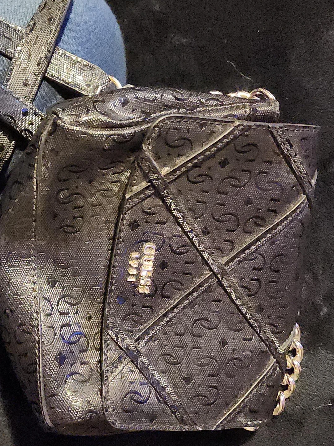 Guess Black Monogram Chain Shoulder Bag