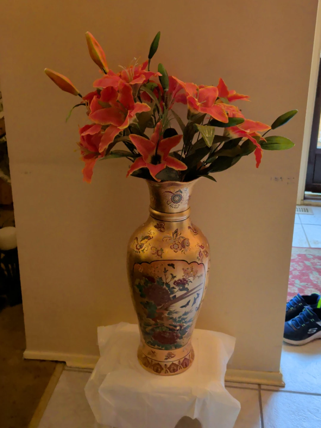 Decorative Gold Vase with Orange Lilies