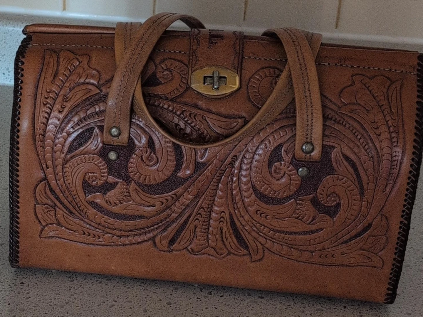Vintage Tooled Leather Handbag Purse