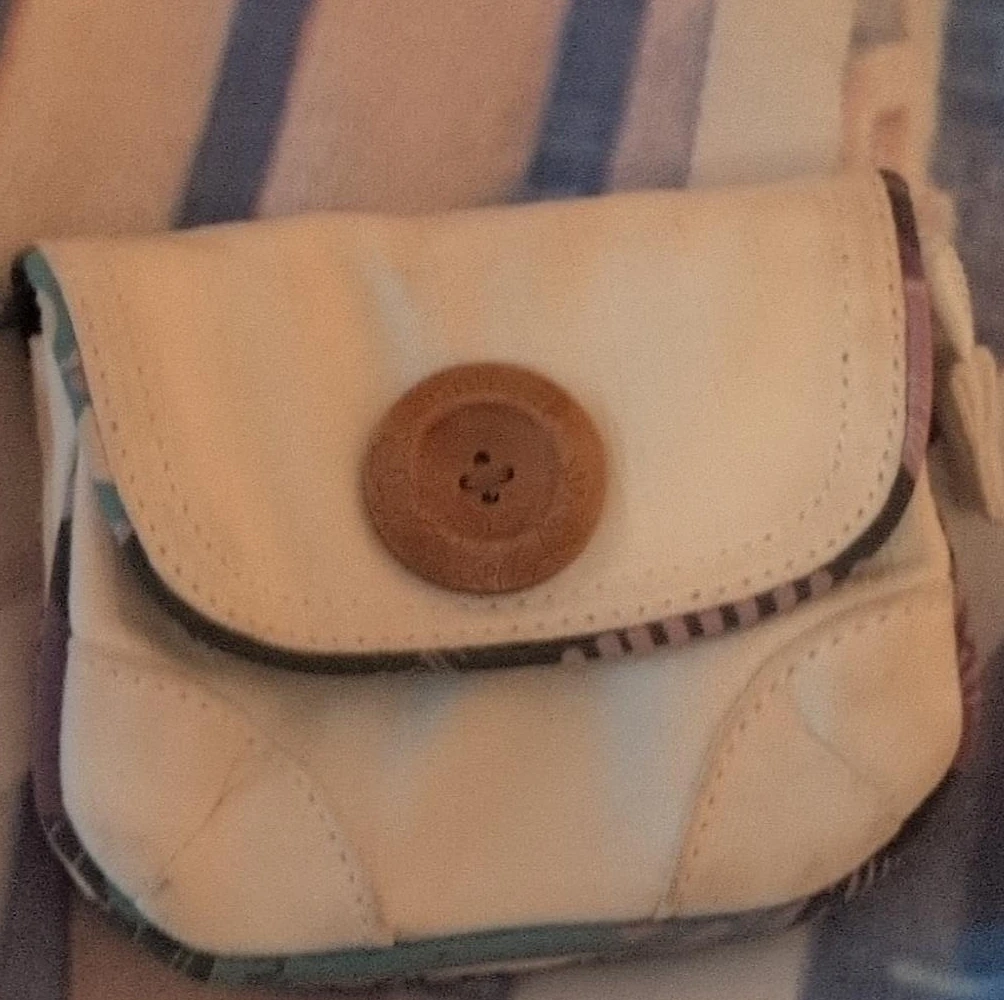 Small white crossbody purse with wooden button detail