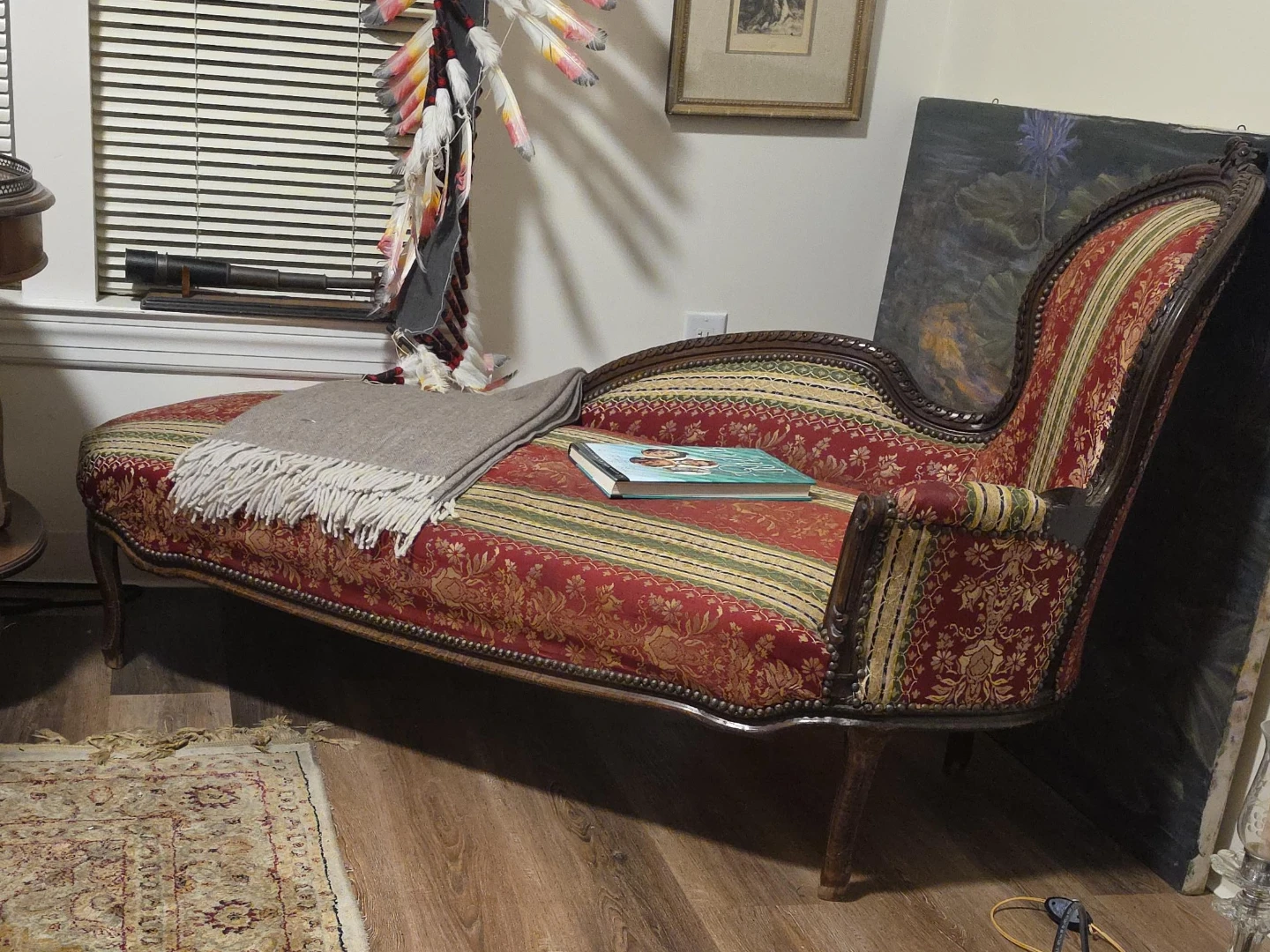 Vintage Chaise Lounge with Striped and Floral Fabric