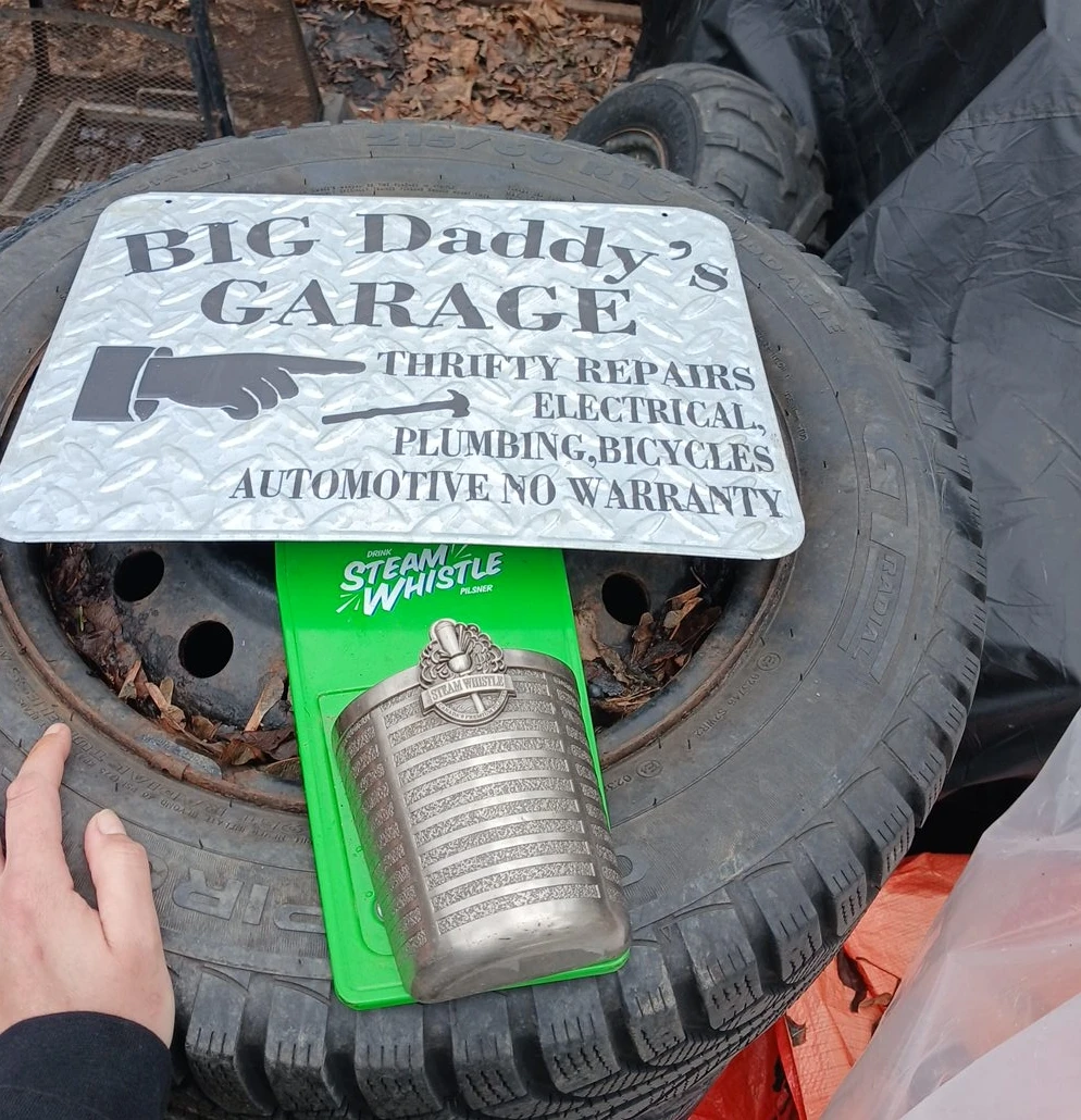 Big Daddy's Garage Sign and Steam Whistle Pilsner Holder