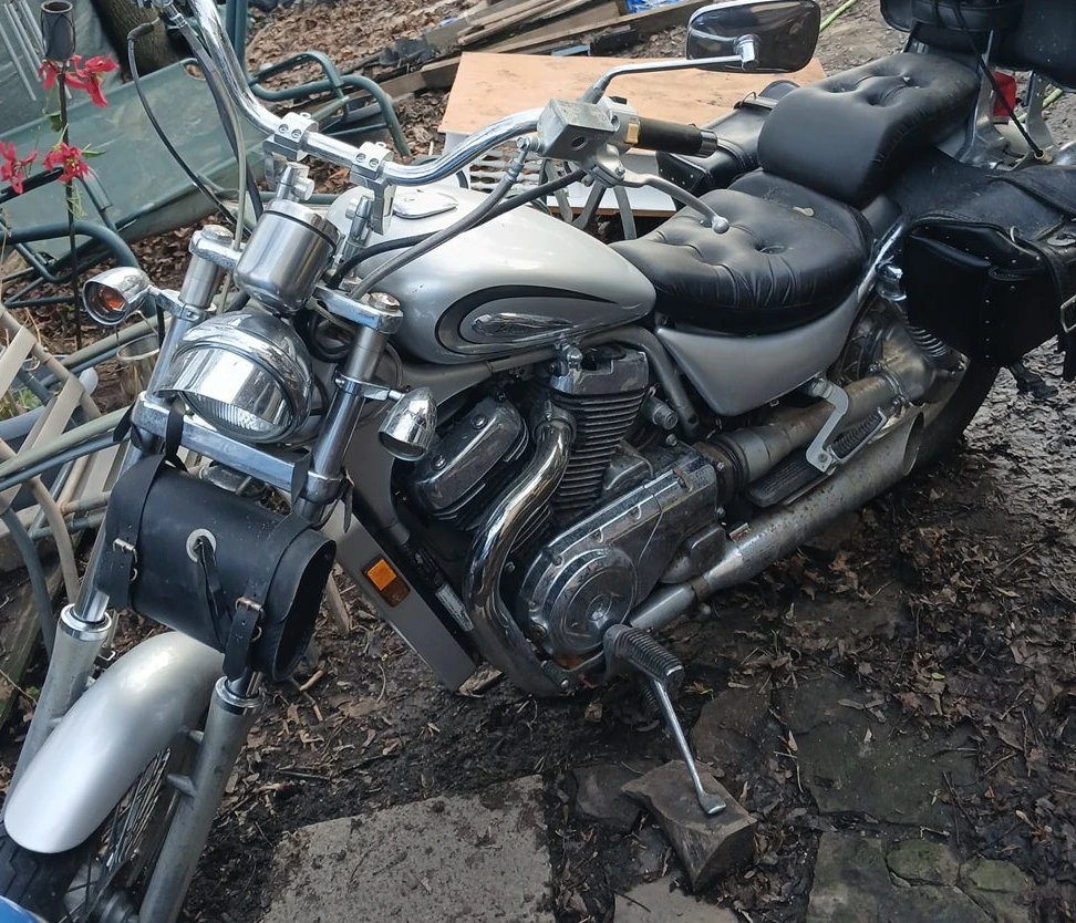 Silver Cruiser Motorcycle with Saddlebags