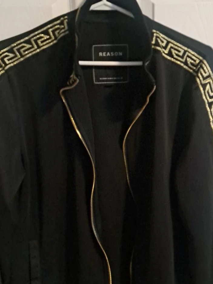REASON Black Bomber Jacket with Gold Greek Key Trim