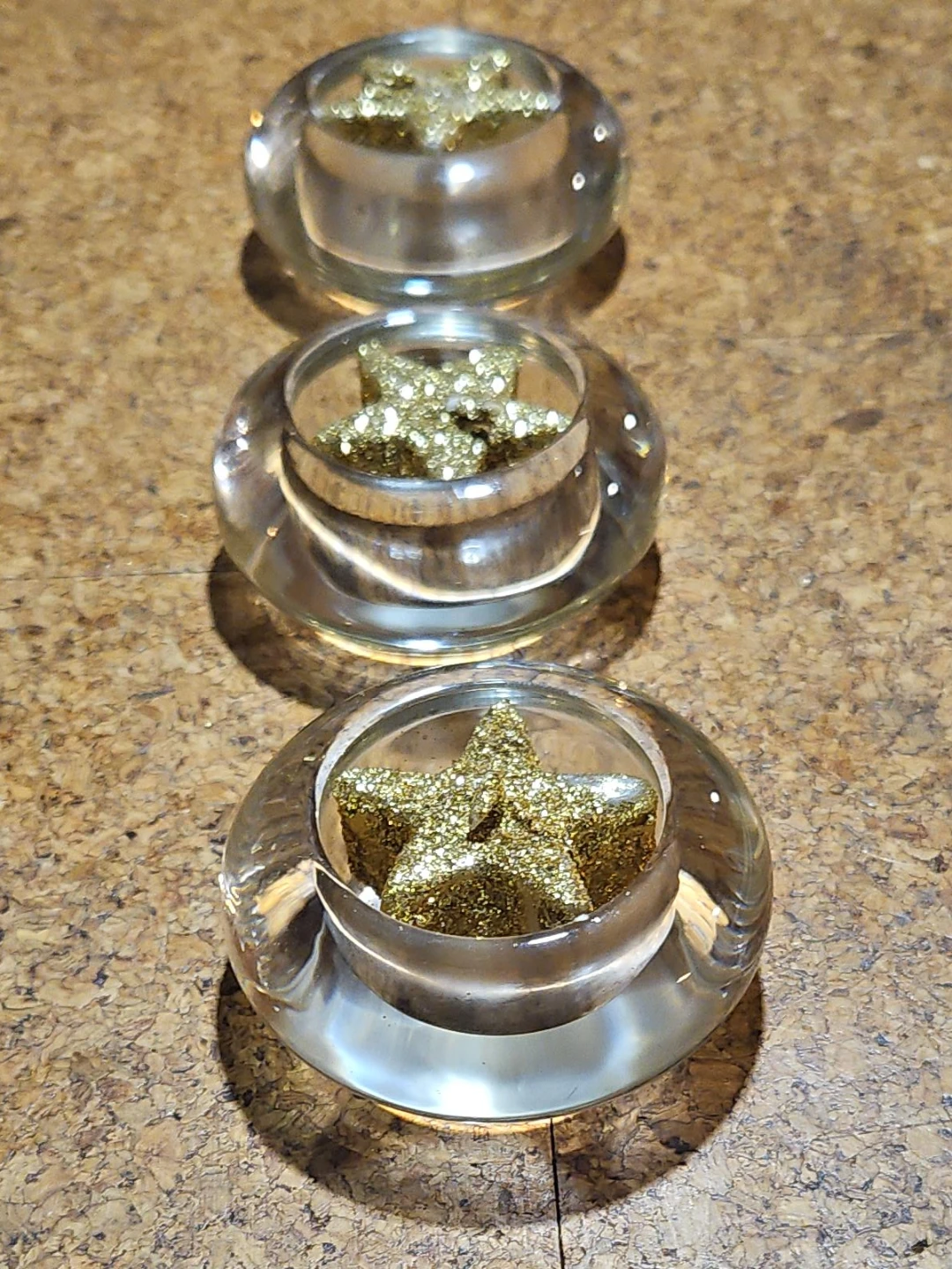 Set of 3 Glass Votive Holders with Gold Glitter Stars