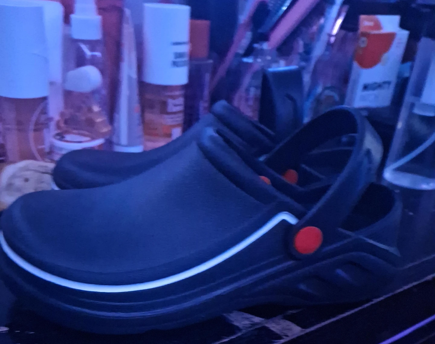 Black Clogs with White and Red Accents