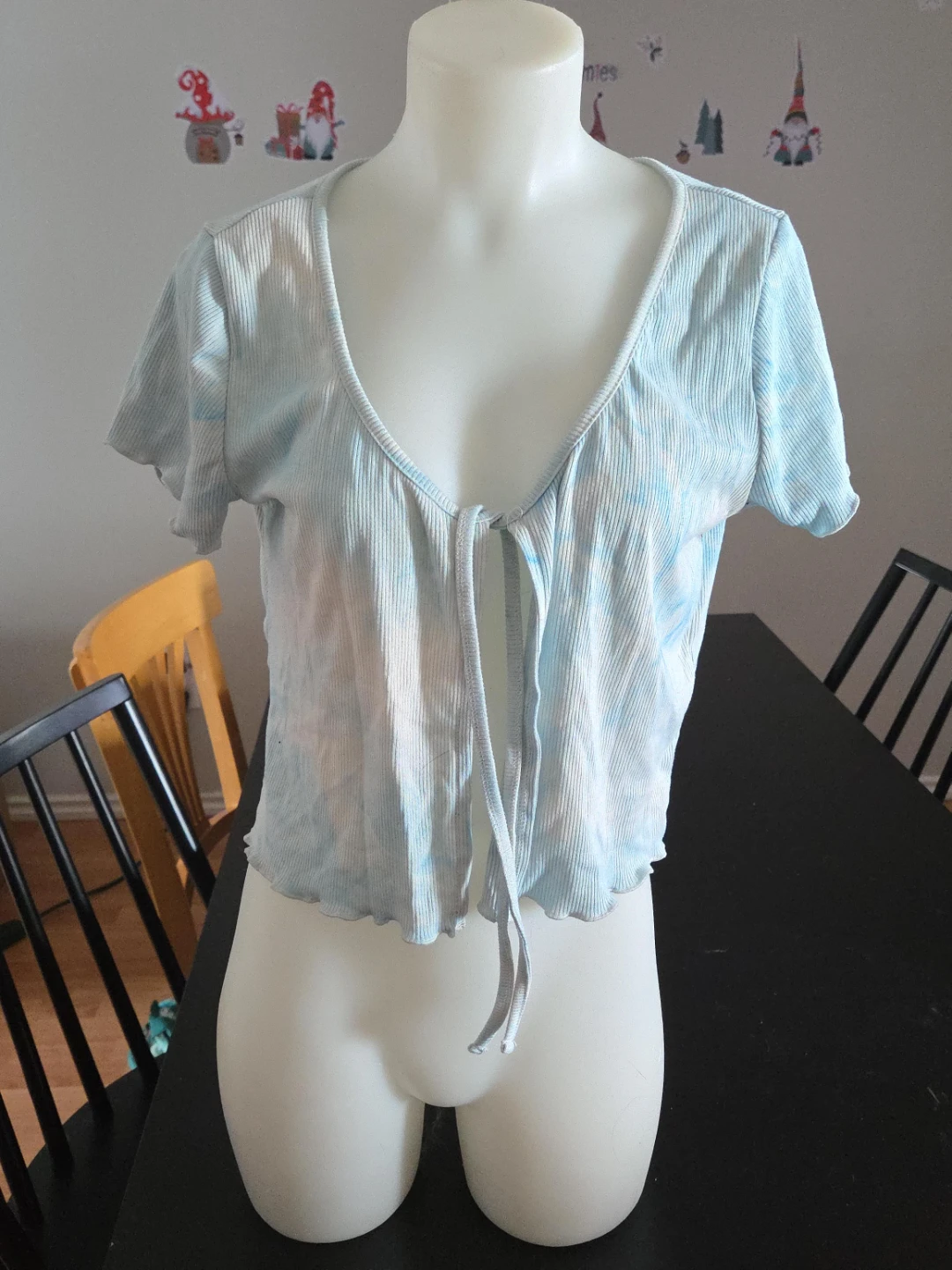 Light Blue Tie-Front Ribbed Crop Top