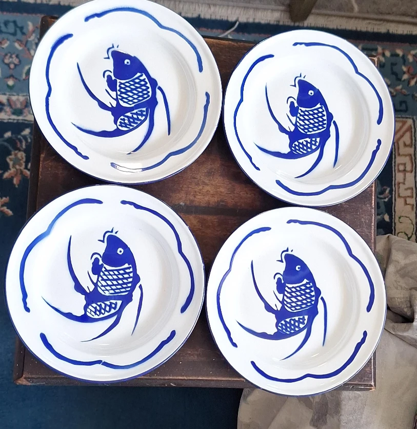 Set of 4 Blue and White Fish Plates