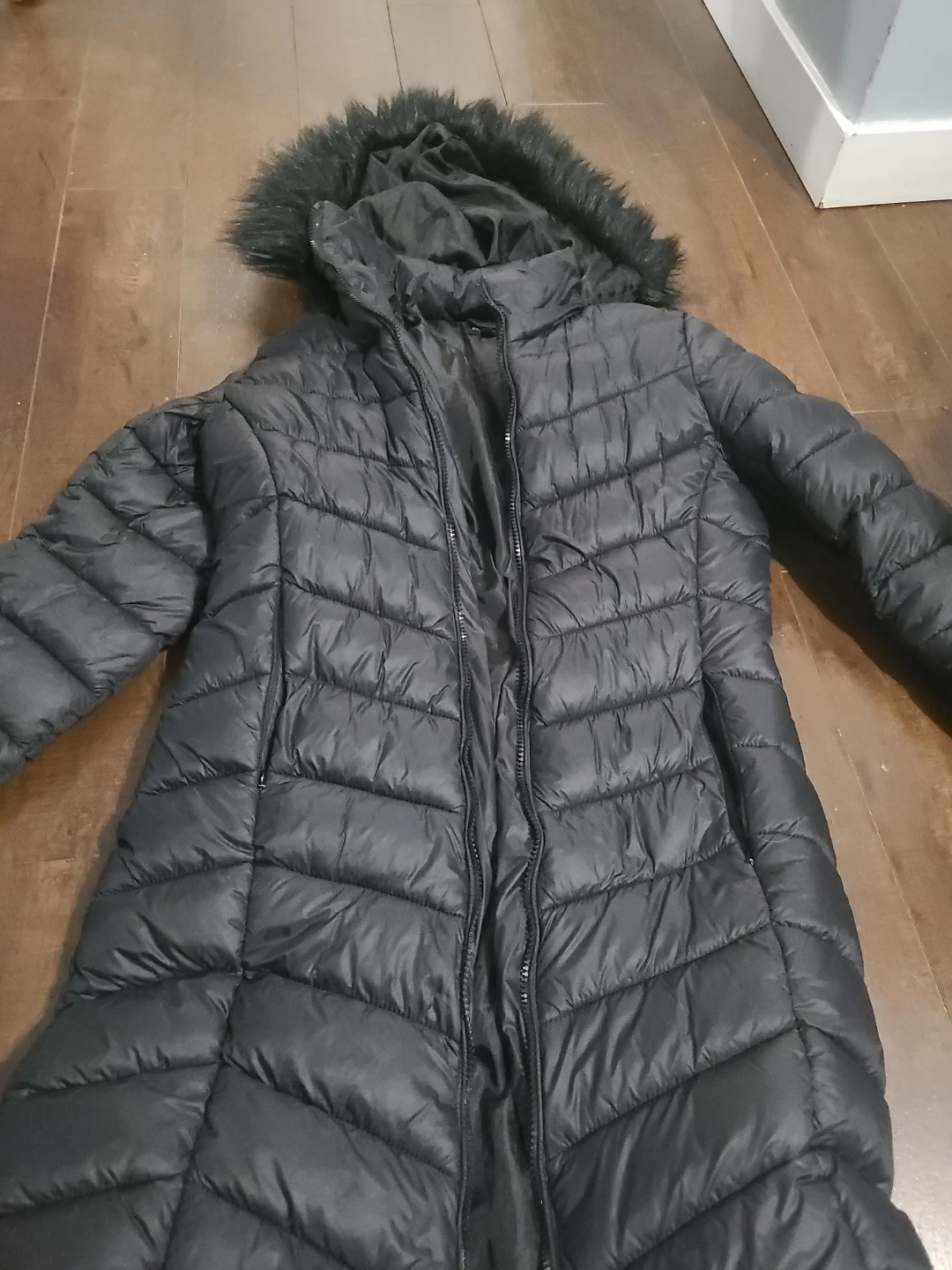 Black Puffer Coat with Faux Fur Hood