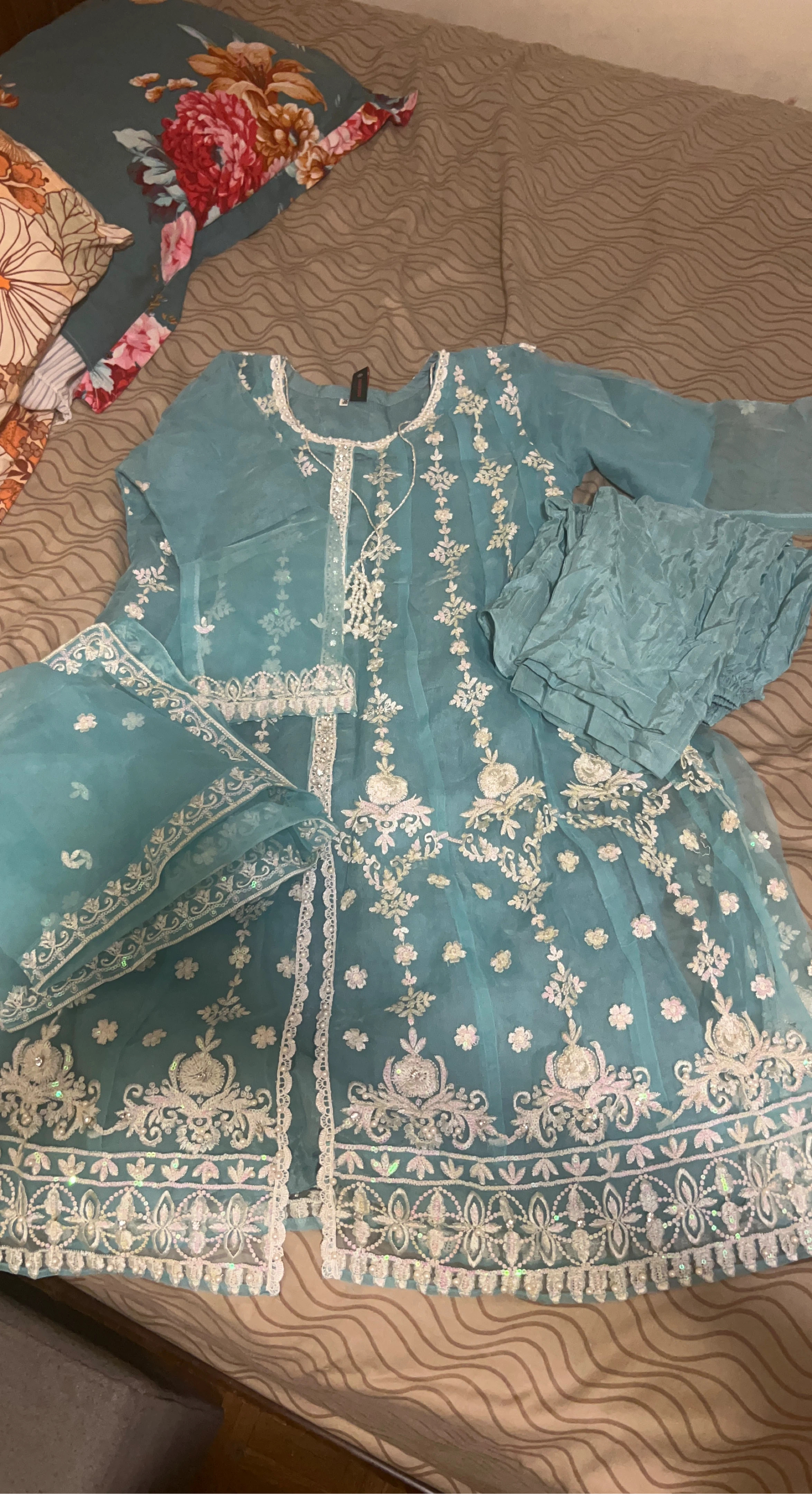 Blue Embroidered Kameez Shalwar with Dupatta