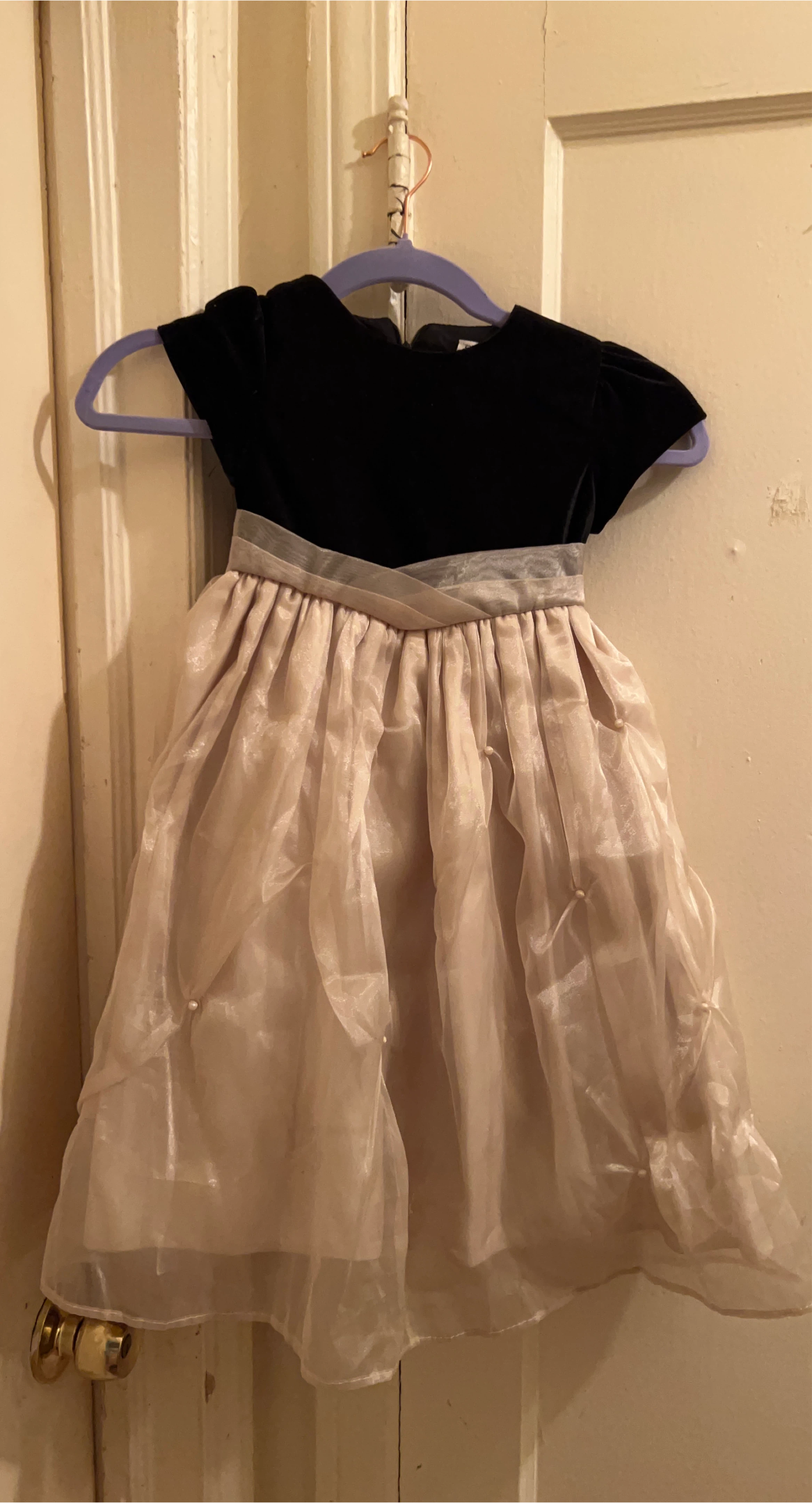 Girls Black Velvet & Champagne Tulle Dress with Pearls