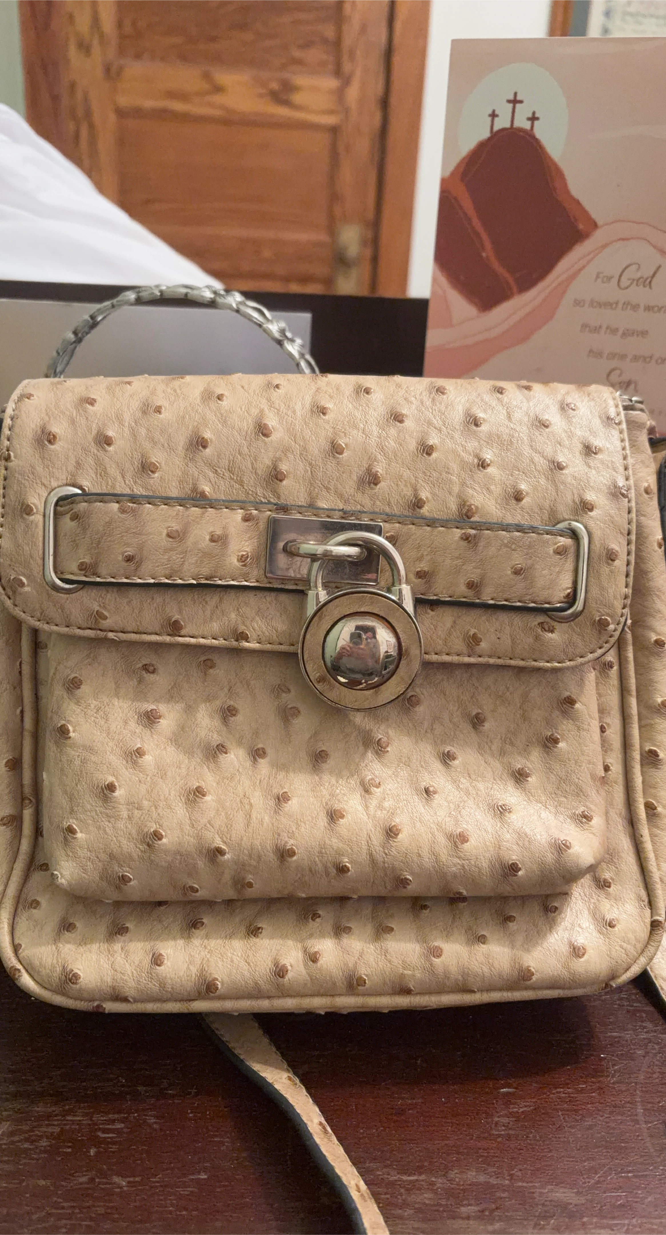 Tan Ostrich Embossed Shoulder Bag with Lock Detail