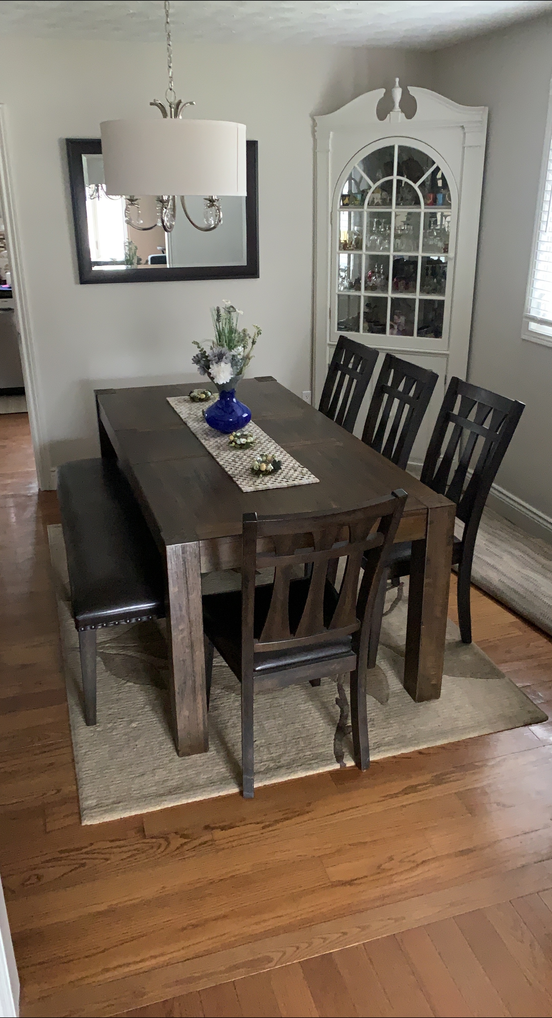 Dark Wood Dining Table with 4 Chairs and Bench