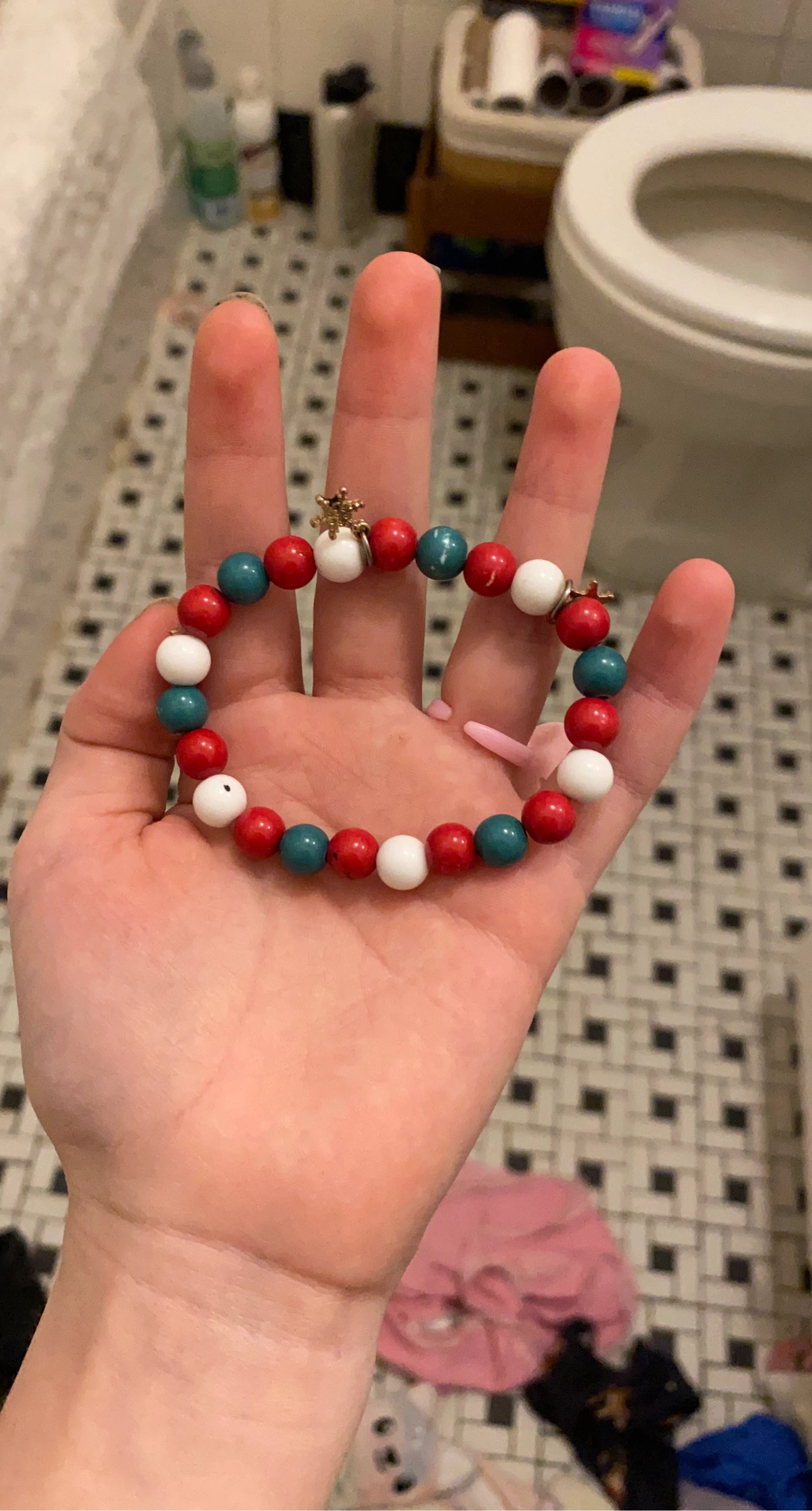 Beaded Bracelet Red White Teal Crown Charm
