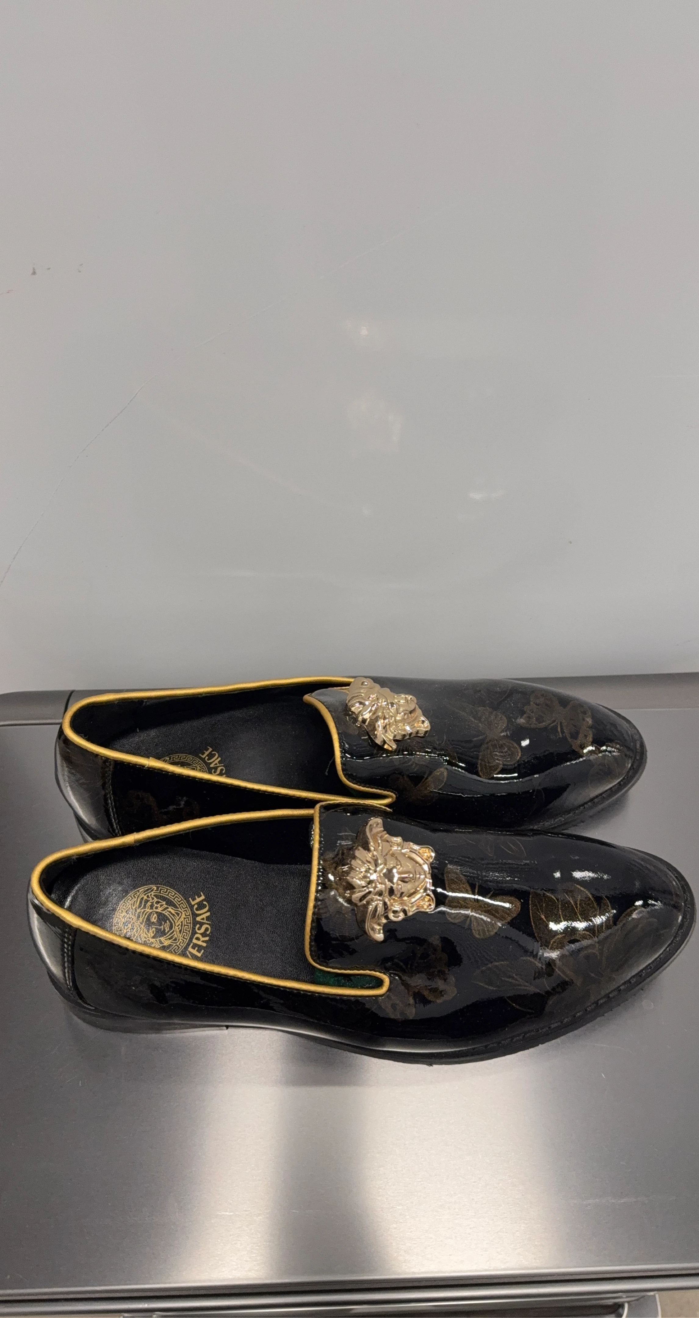Versace Black Patent Loafers with Medusa Head & Butterfly Detail