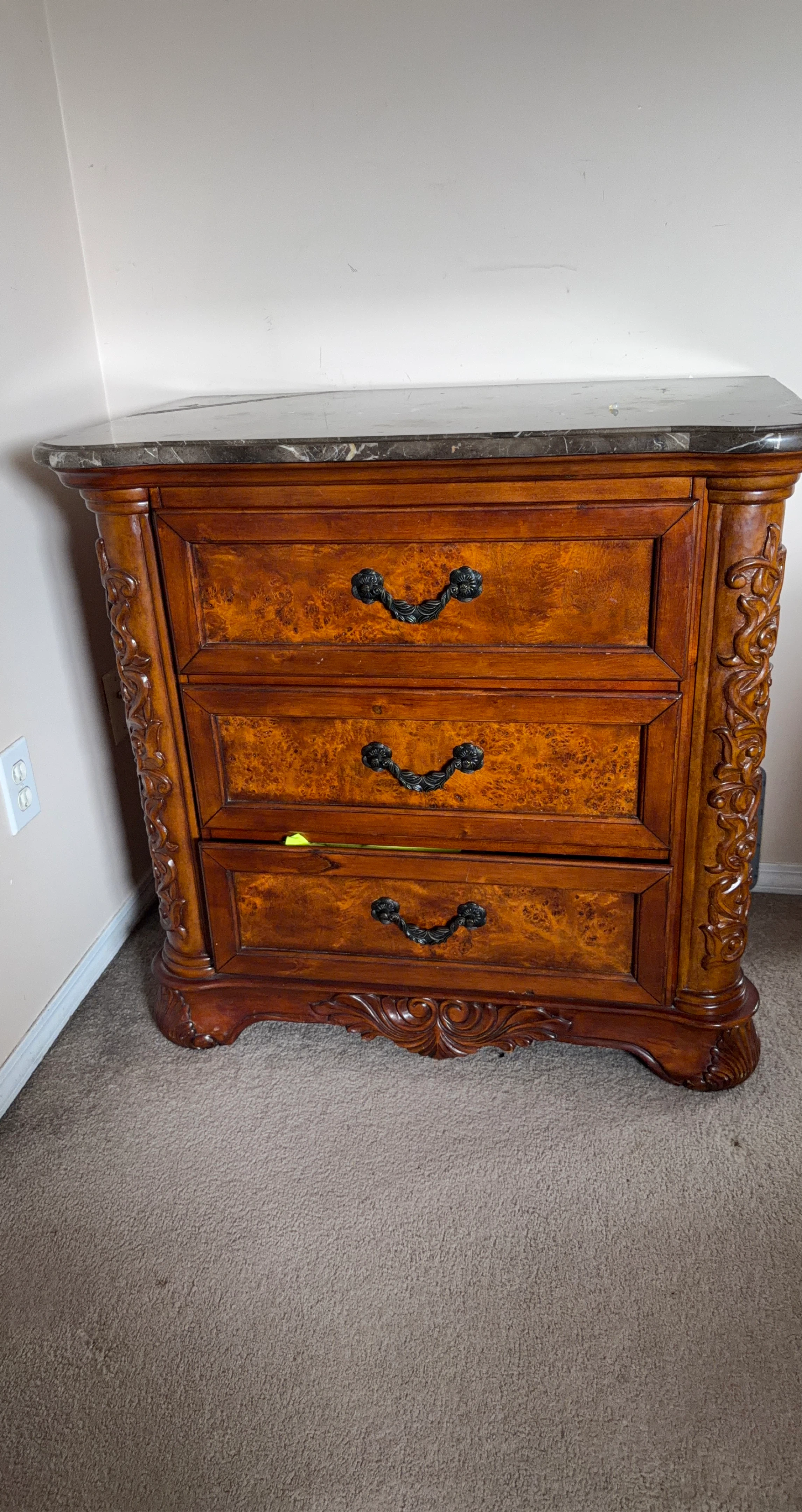 Ornate Wooden Nightstand with Marble Top