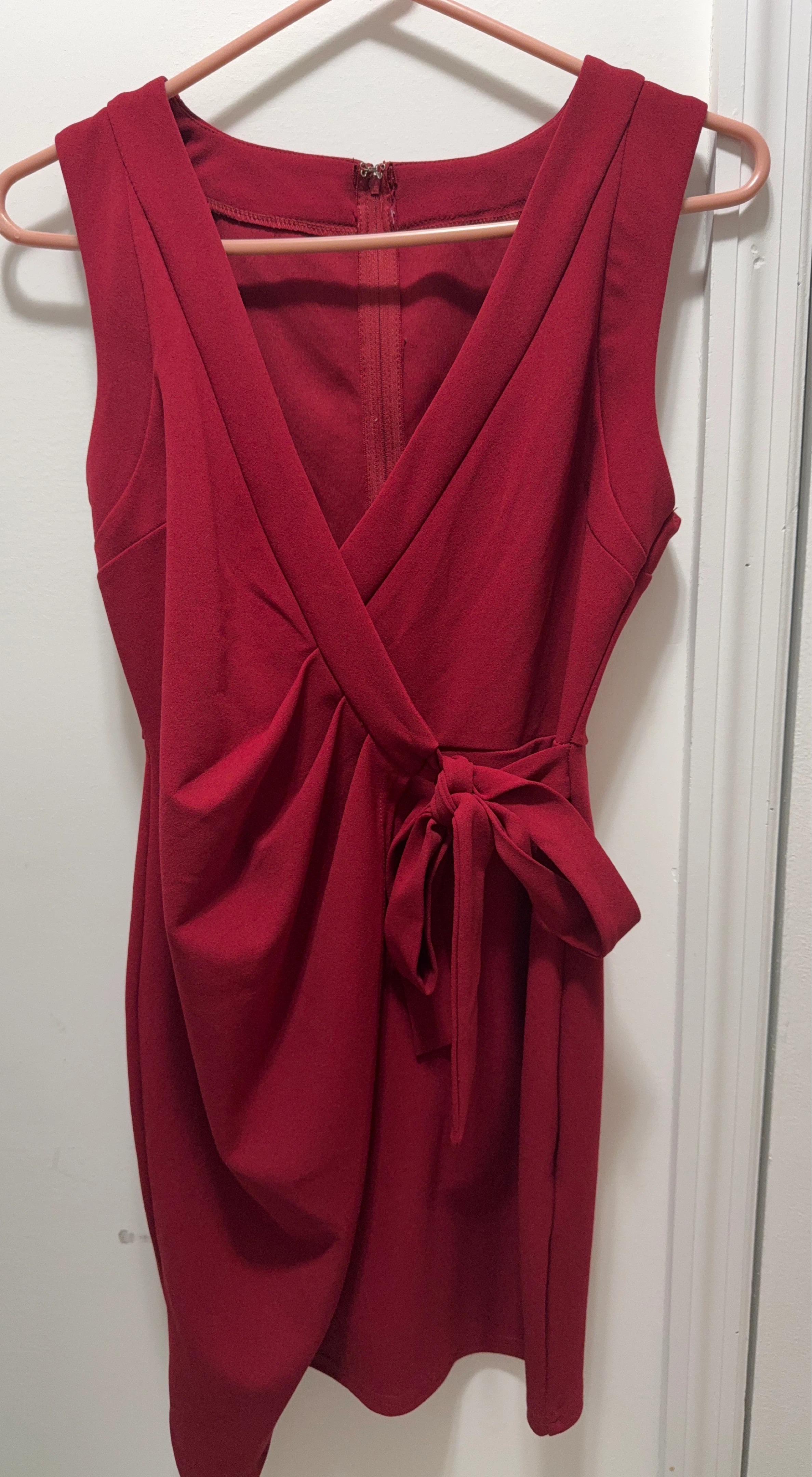 Women's Red V-Neck Wrap Dress with Tie Waist