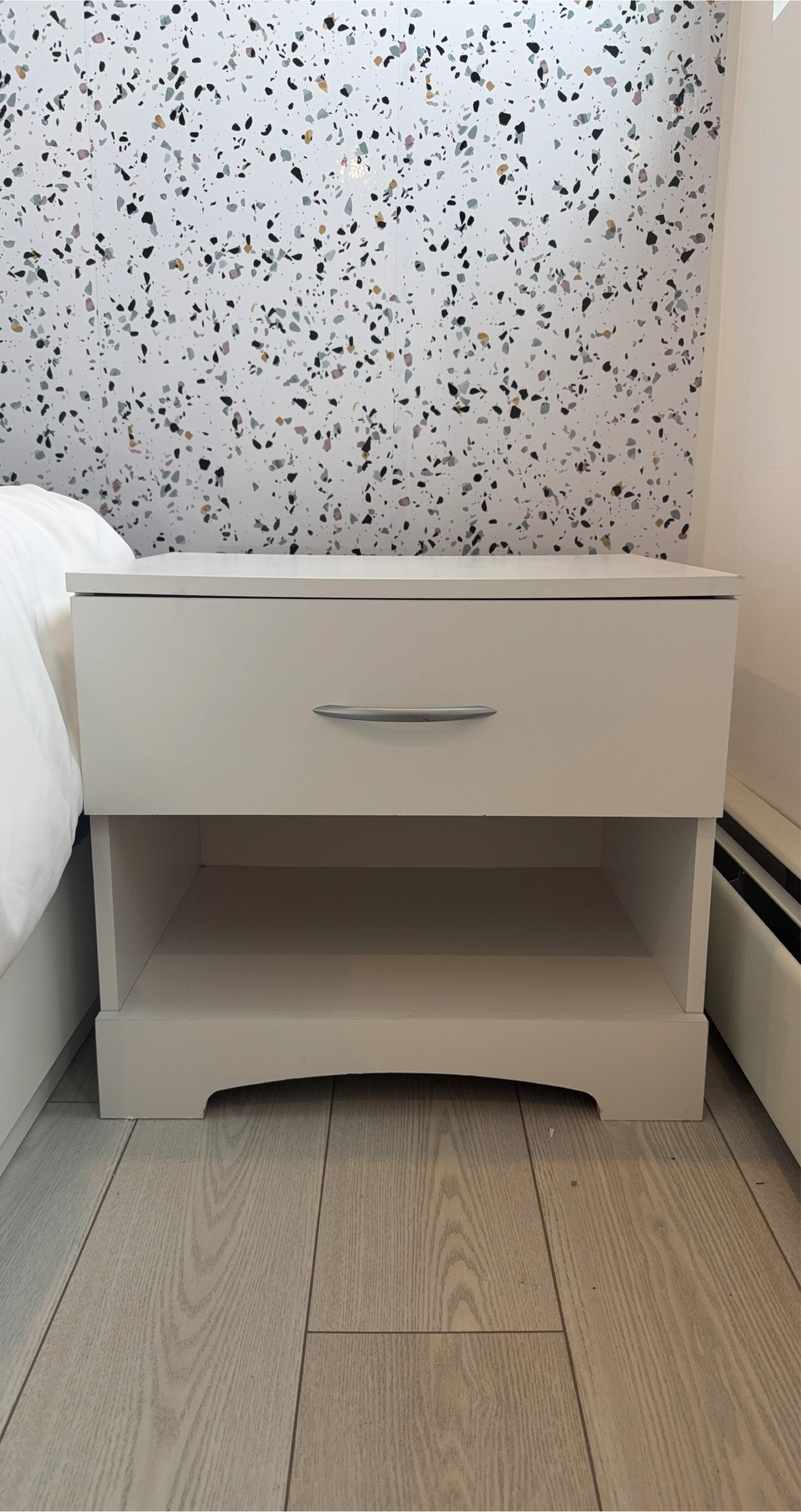 White Nightstand with Drawer and Shelf