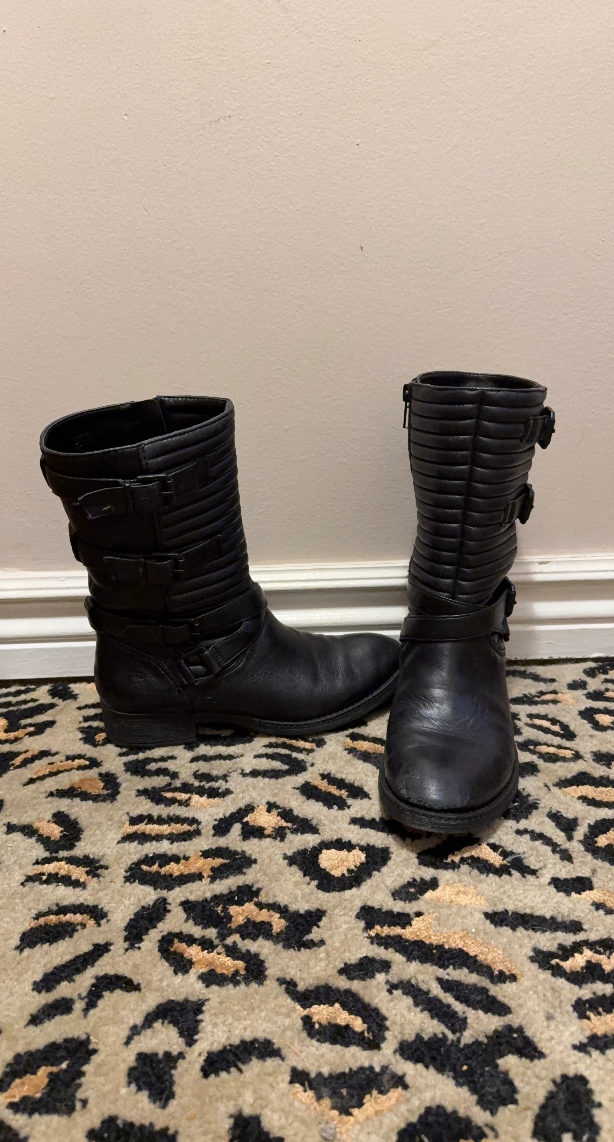 Arturo Chiang Black Leather Buckle Moto Boots