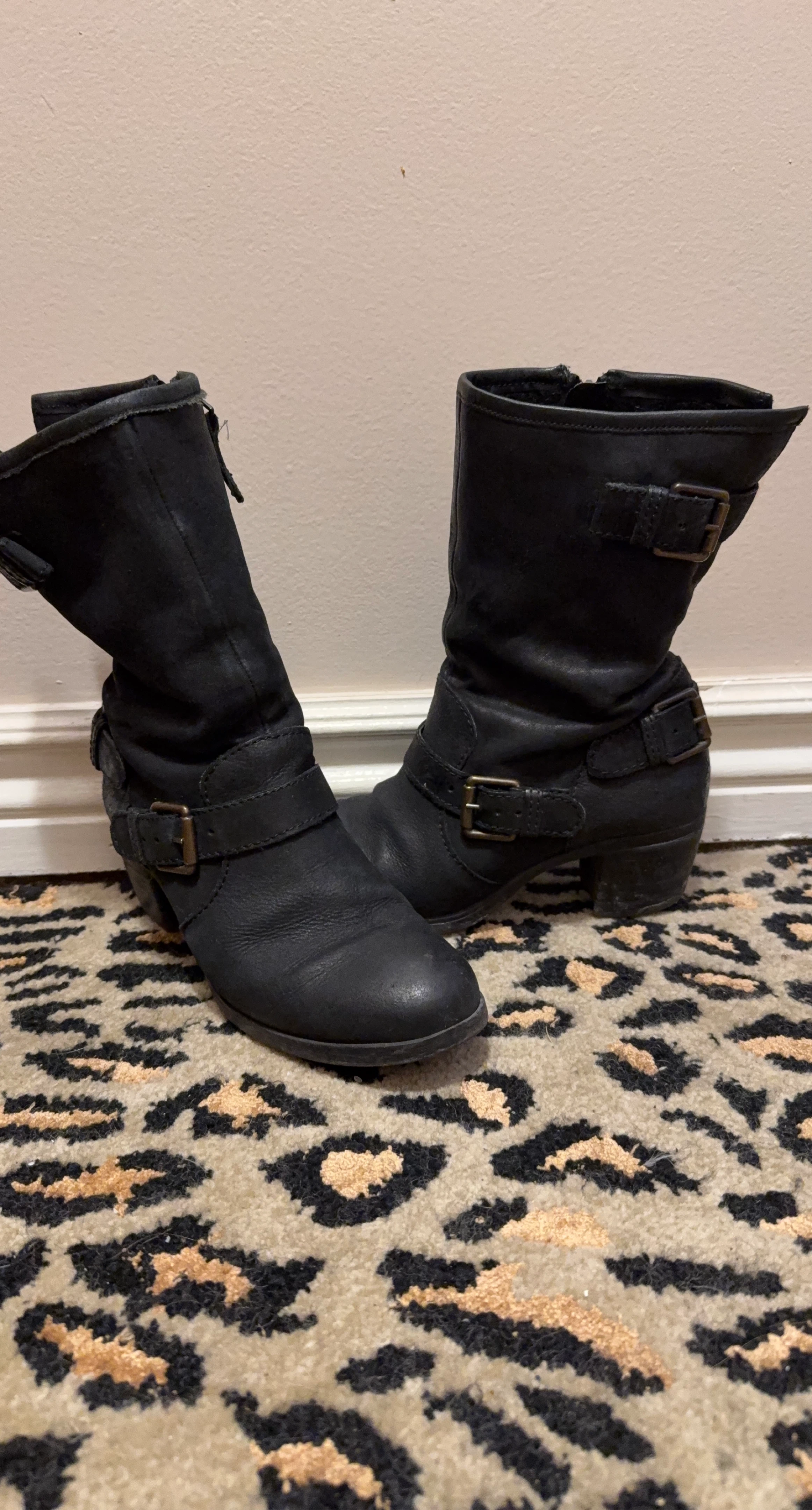 Black Leather Buckle Moto Boots