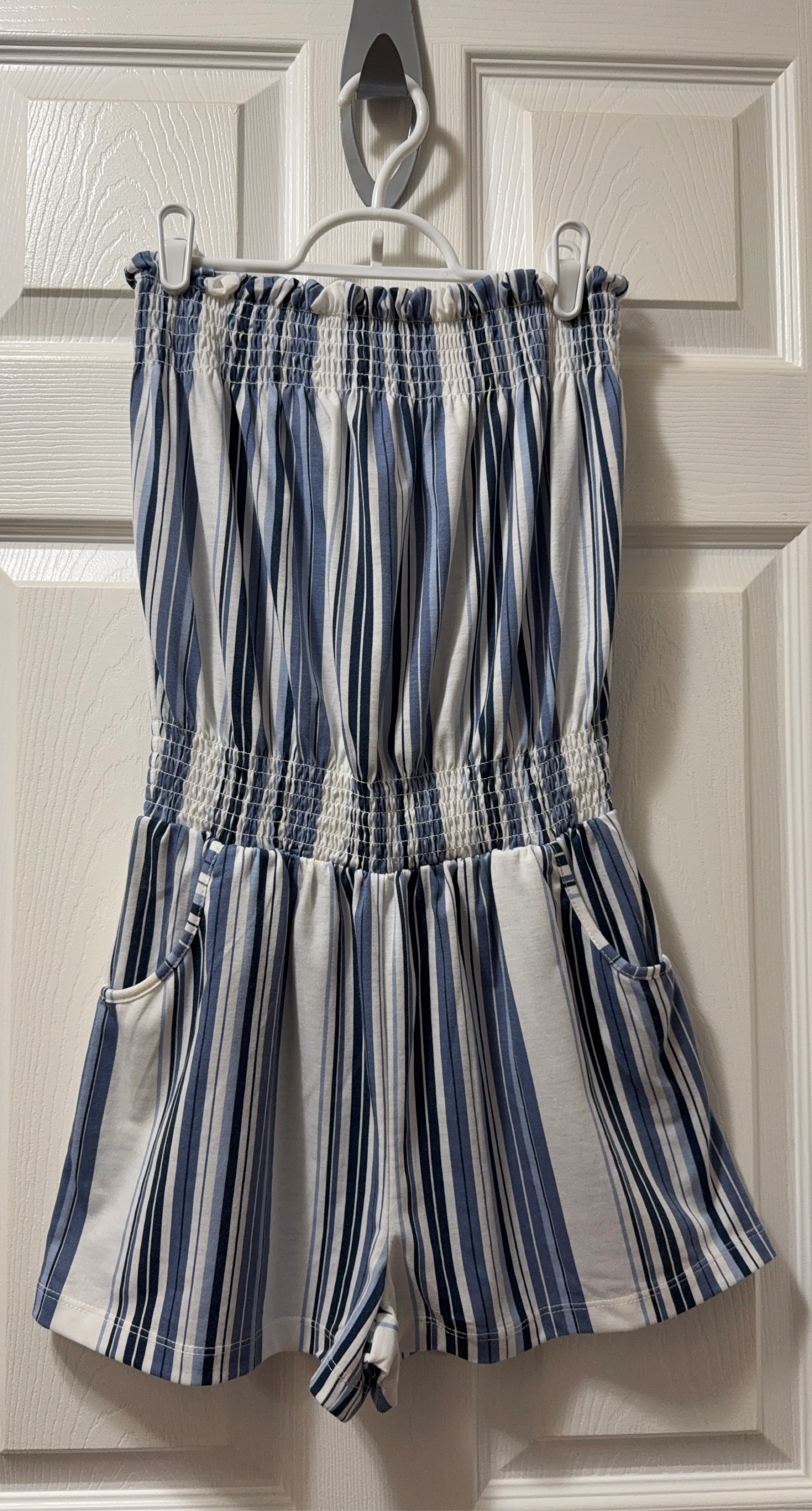 Blue and White Striped Strapless Romper with Pockets