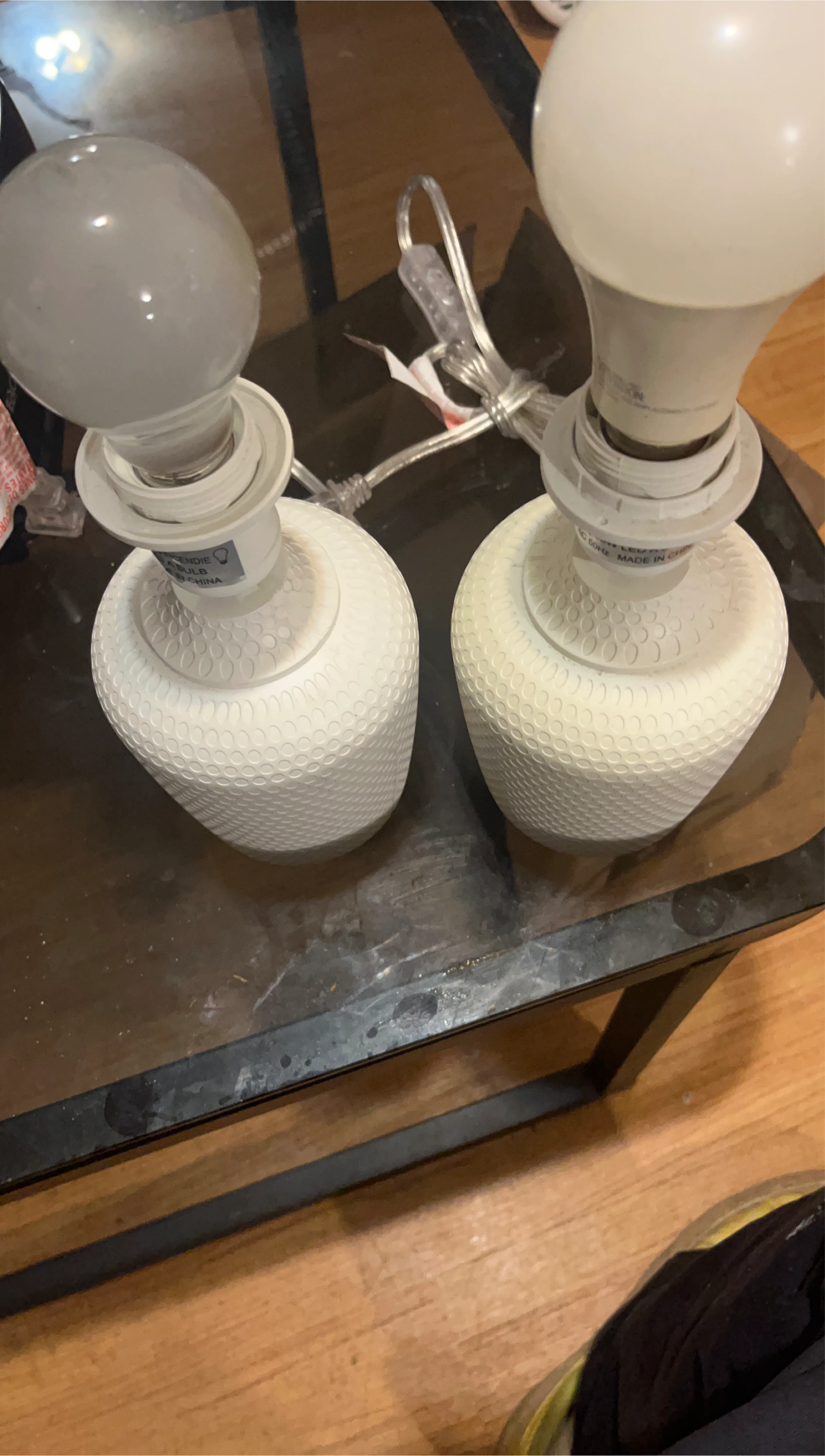 Pair of White Textured Table Lamps with Bulbs