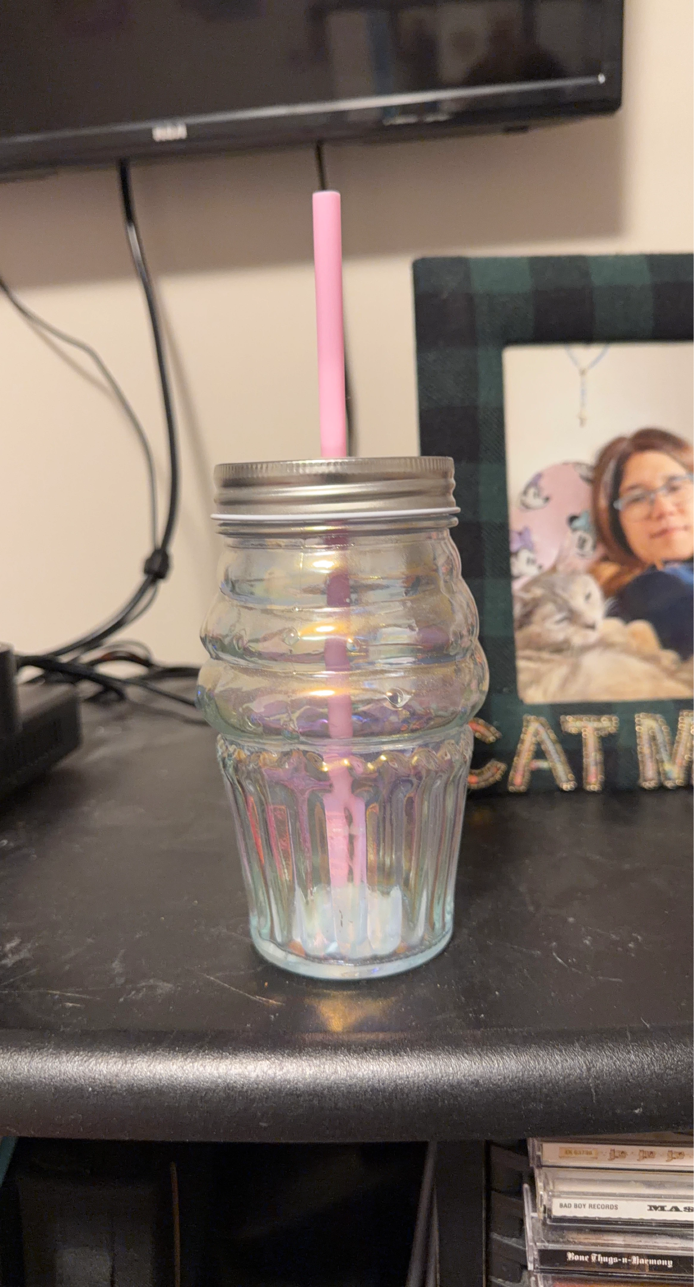 Iridescent Glass Tumbler with Pink Straw