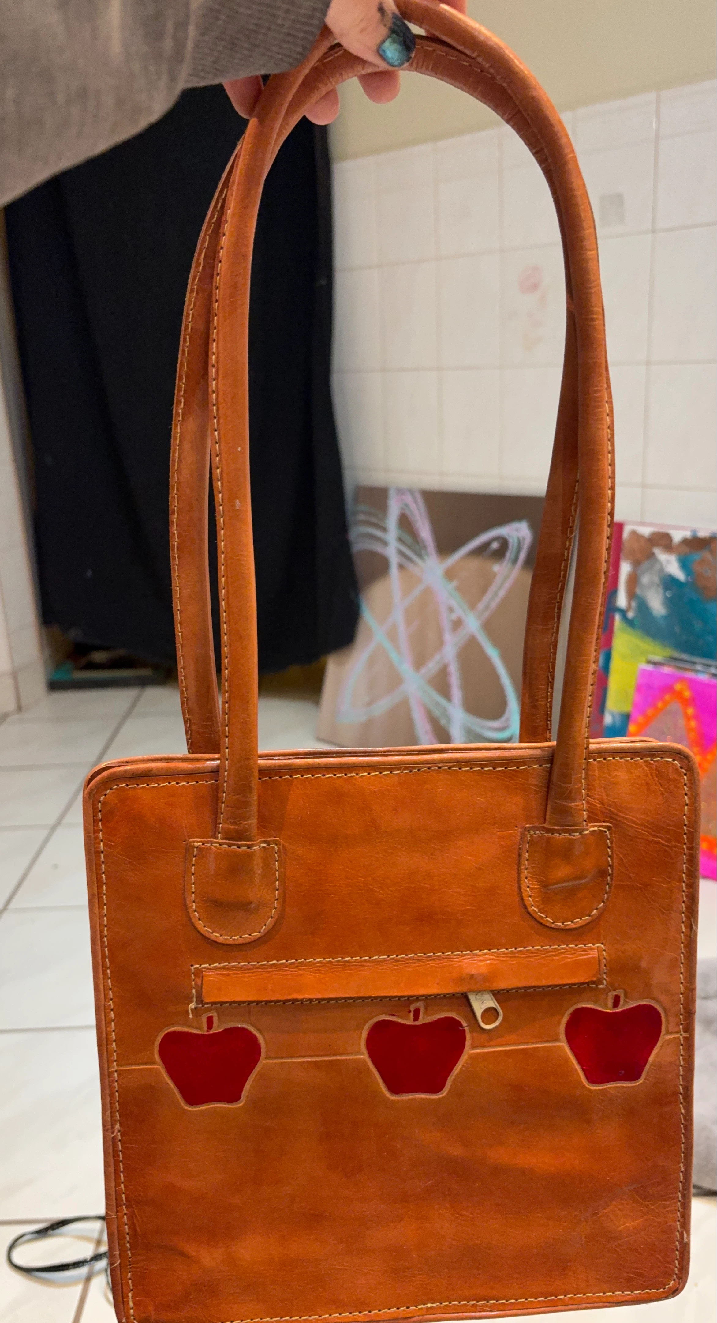 Brown Leather Purse with Apple Detail