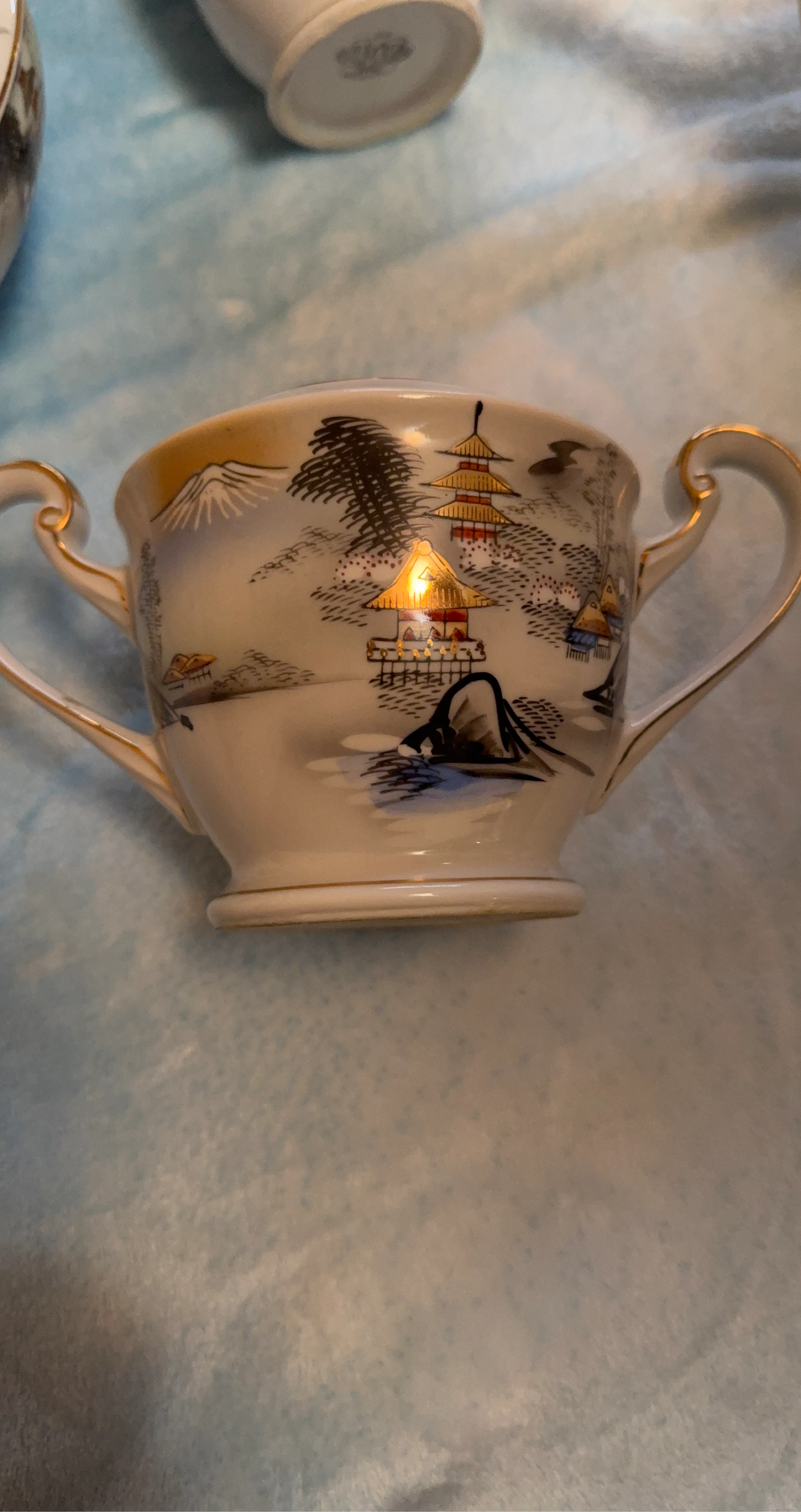Vintage Porcelain Sugar Bowl with Japanese Landscape Design