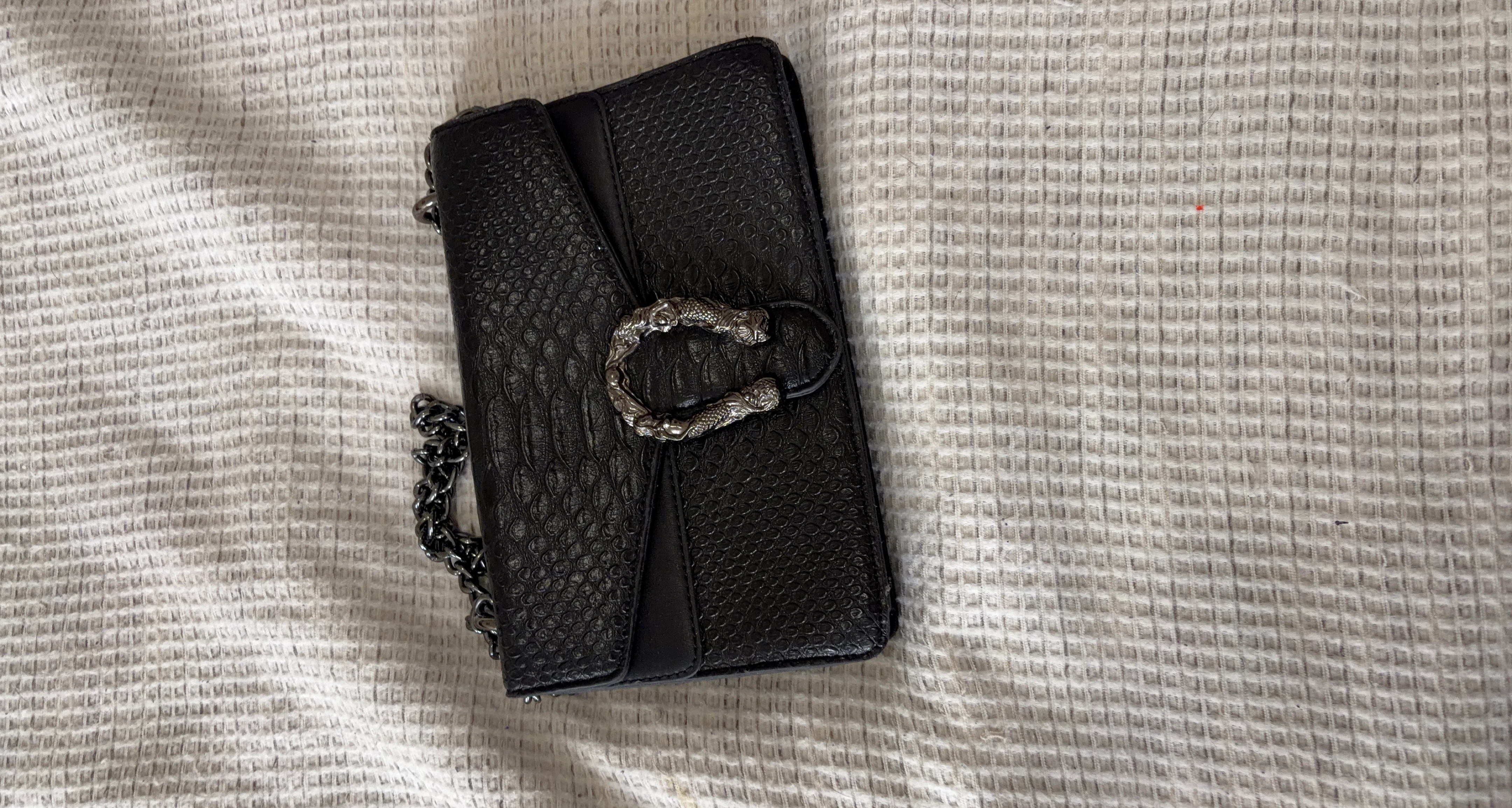 Black Textured Shoulder Bag with Chain Strap