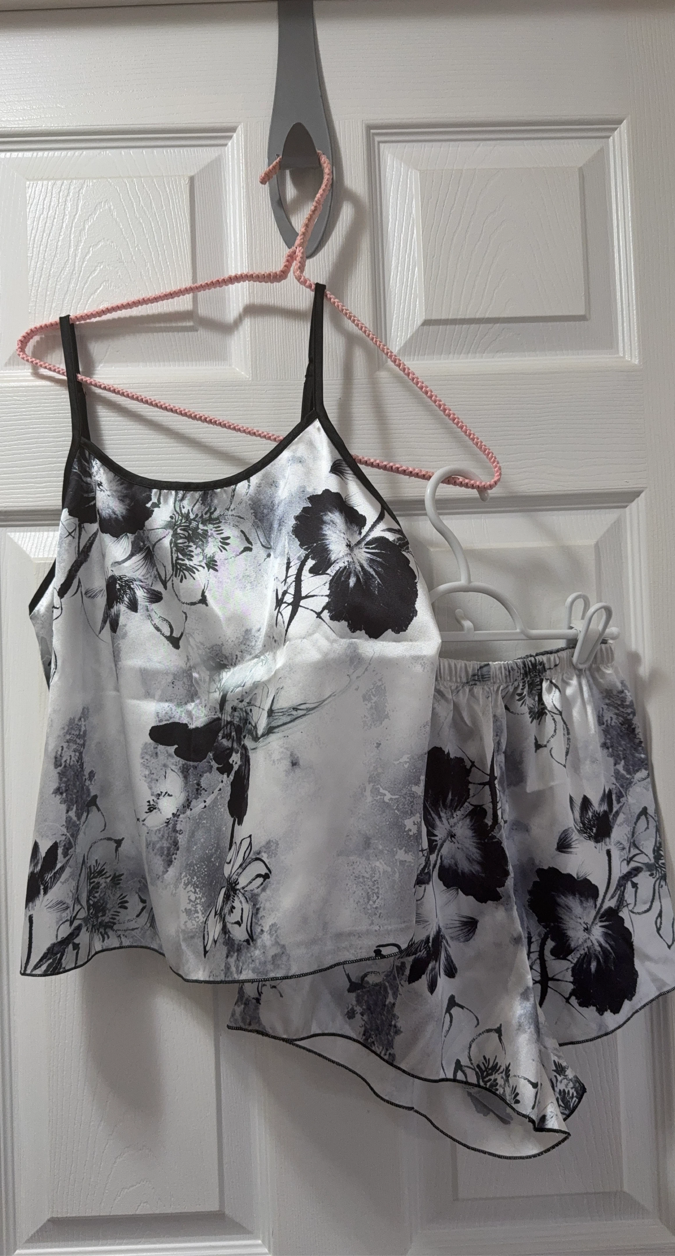 Satin Pajama Set - Black & White Floral