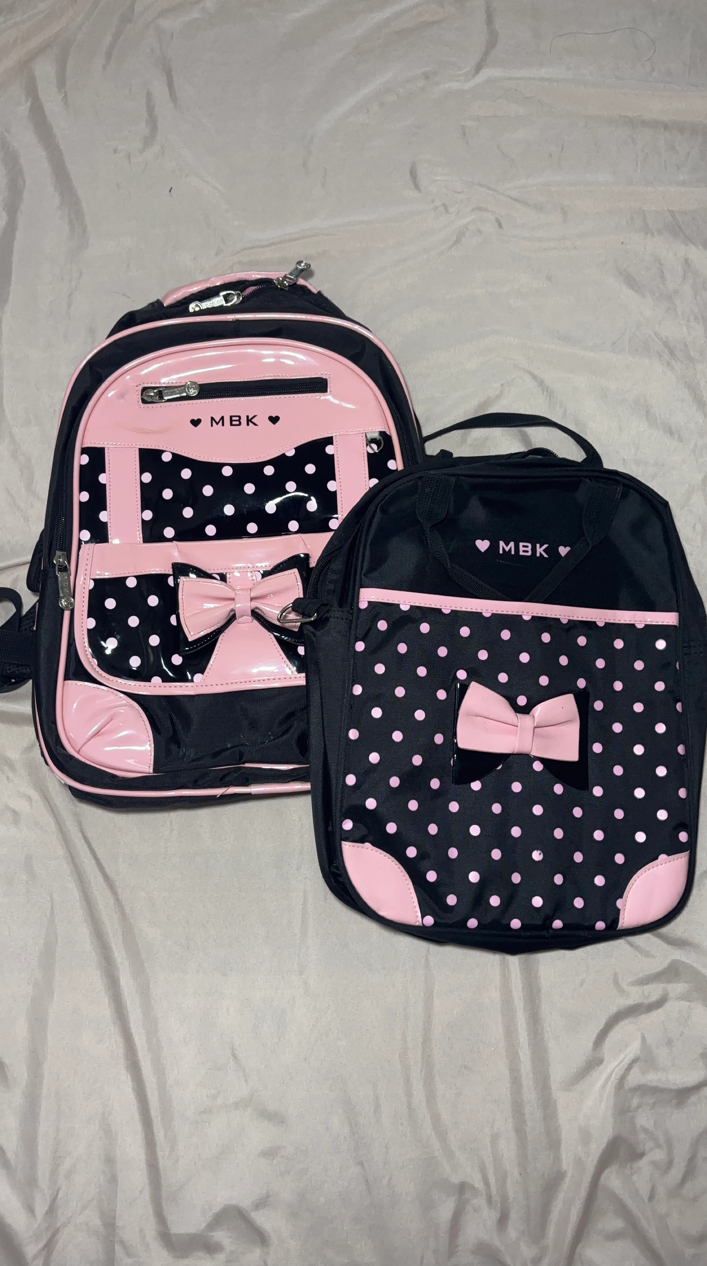 MBK Pink and Black Polka Dot Backpack Set