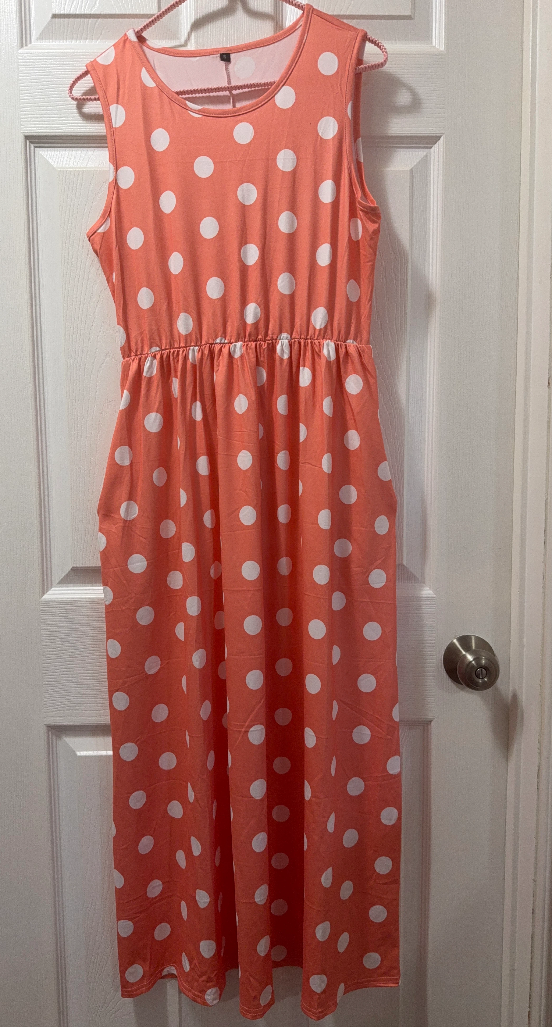 Coral Polka Dot Maxi Dress with Pockets