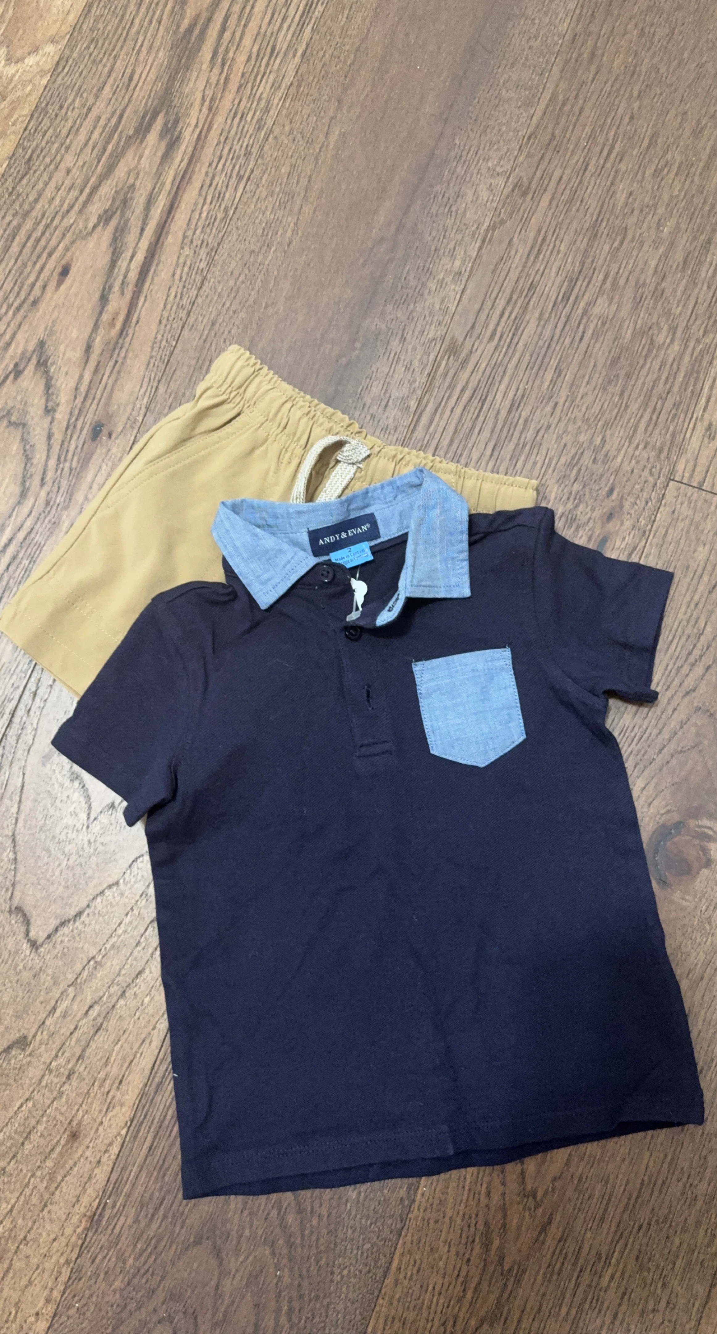 Andy & Evan Navy Polo Shirt and Khaki Shorts Set