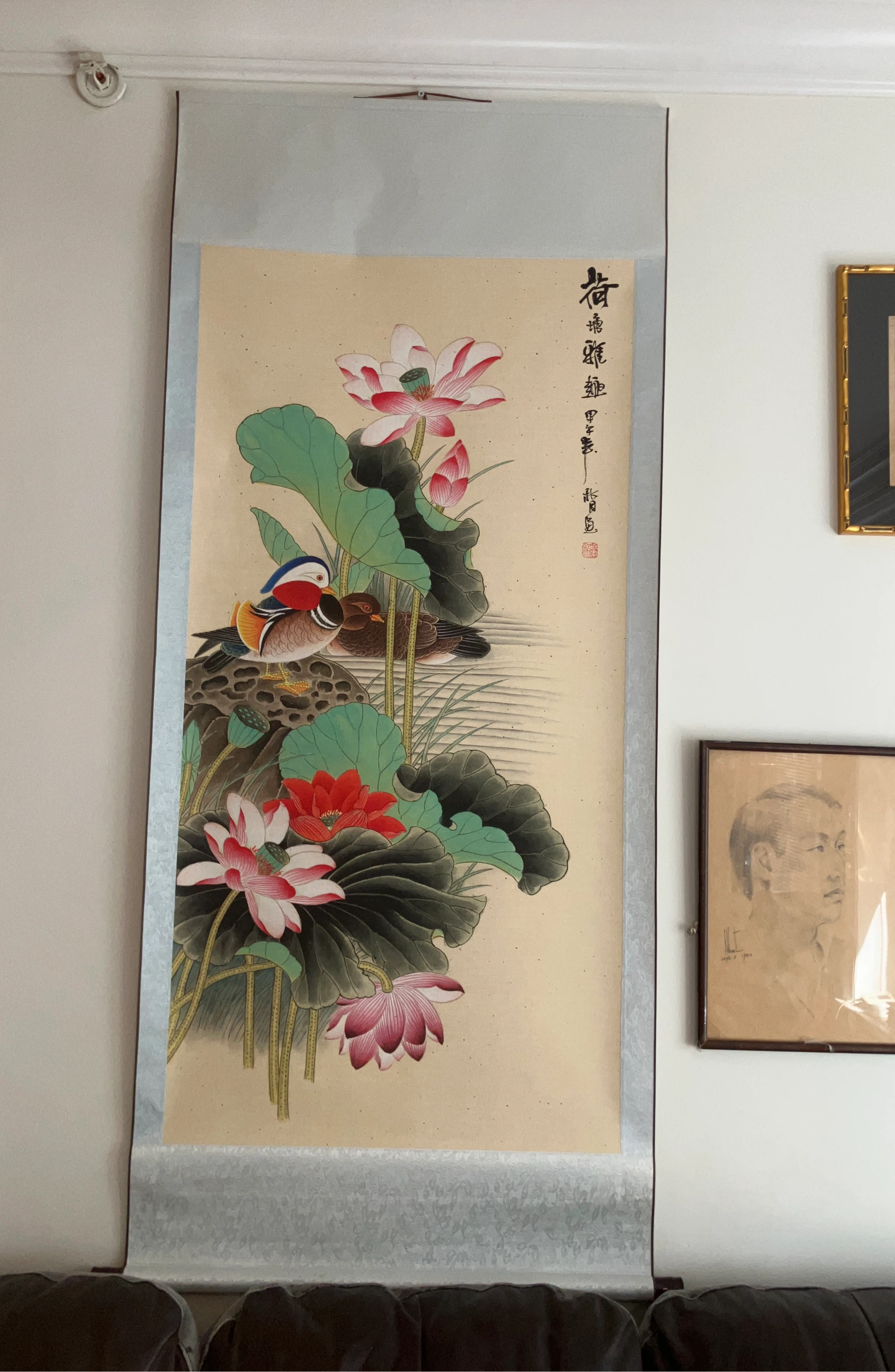 Scroll Painting of Mandarin Ducks and Lotus Flowers