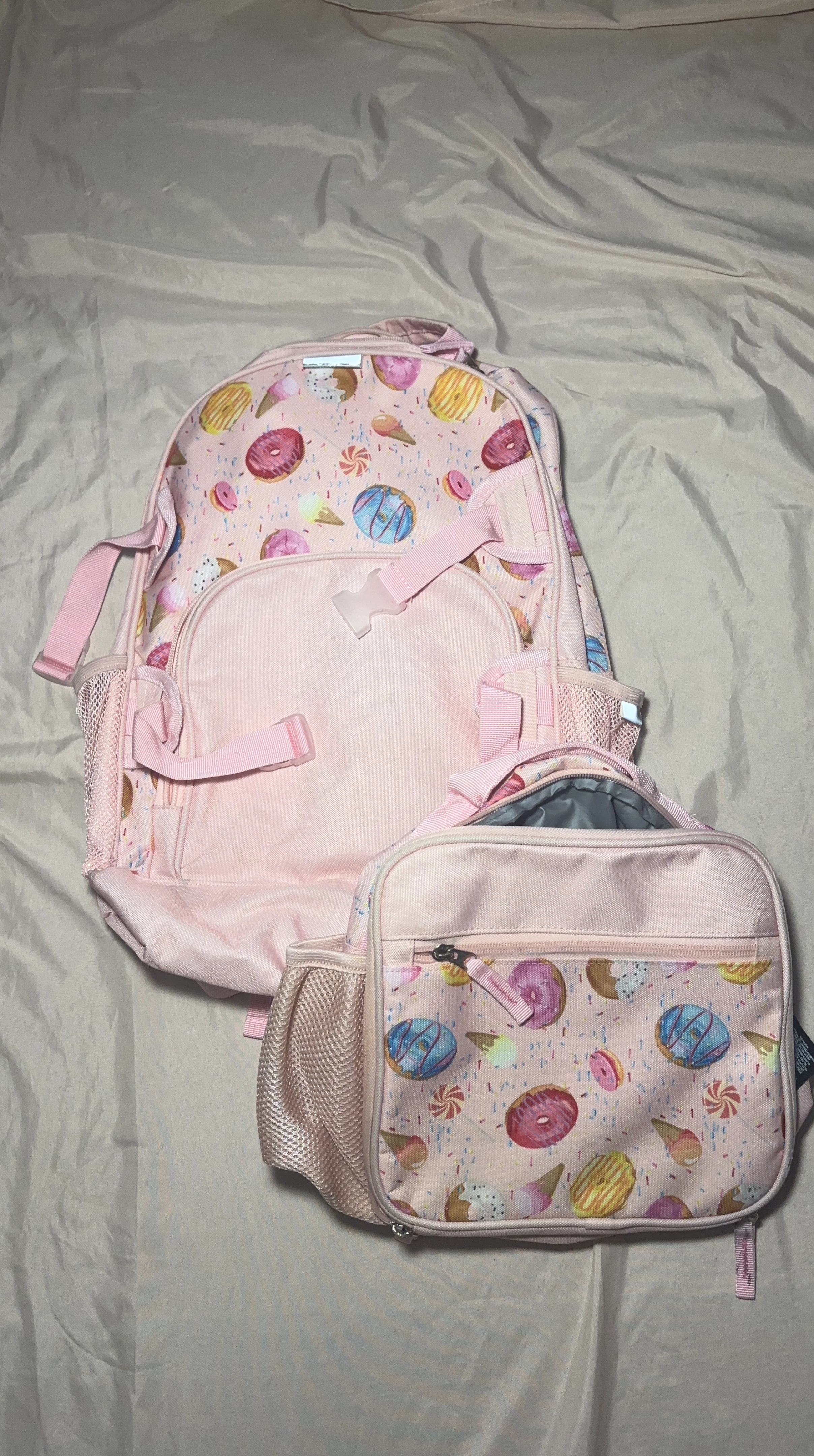 Pink Donut & Ice Cream Print Backpack and Lunch Bag Set