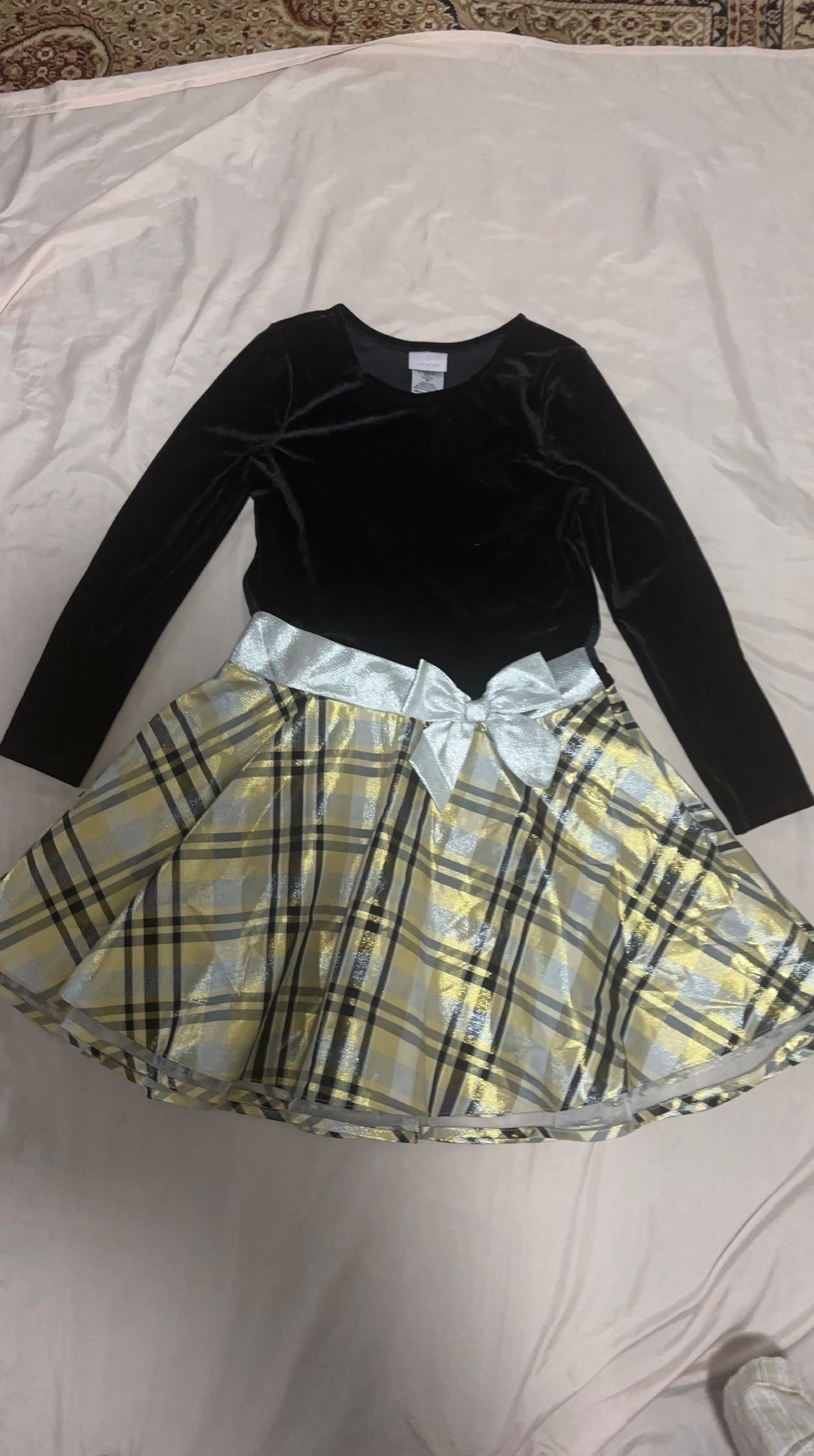 Girls Plaid Velvet Dress with Bow
