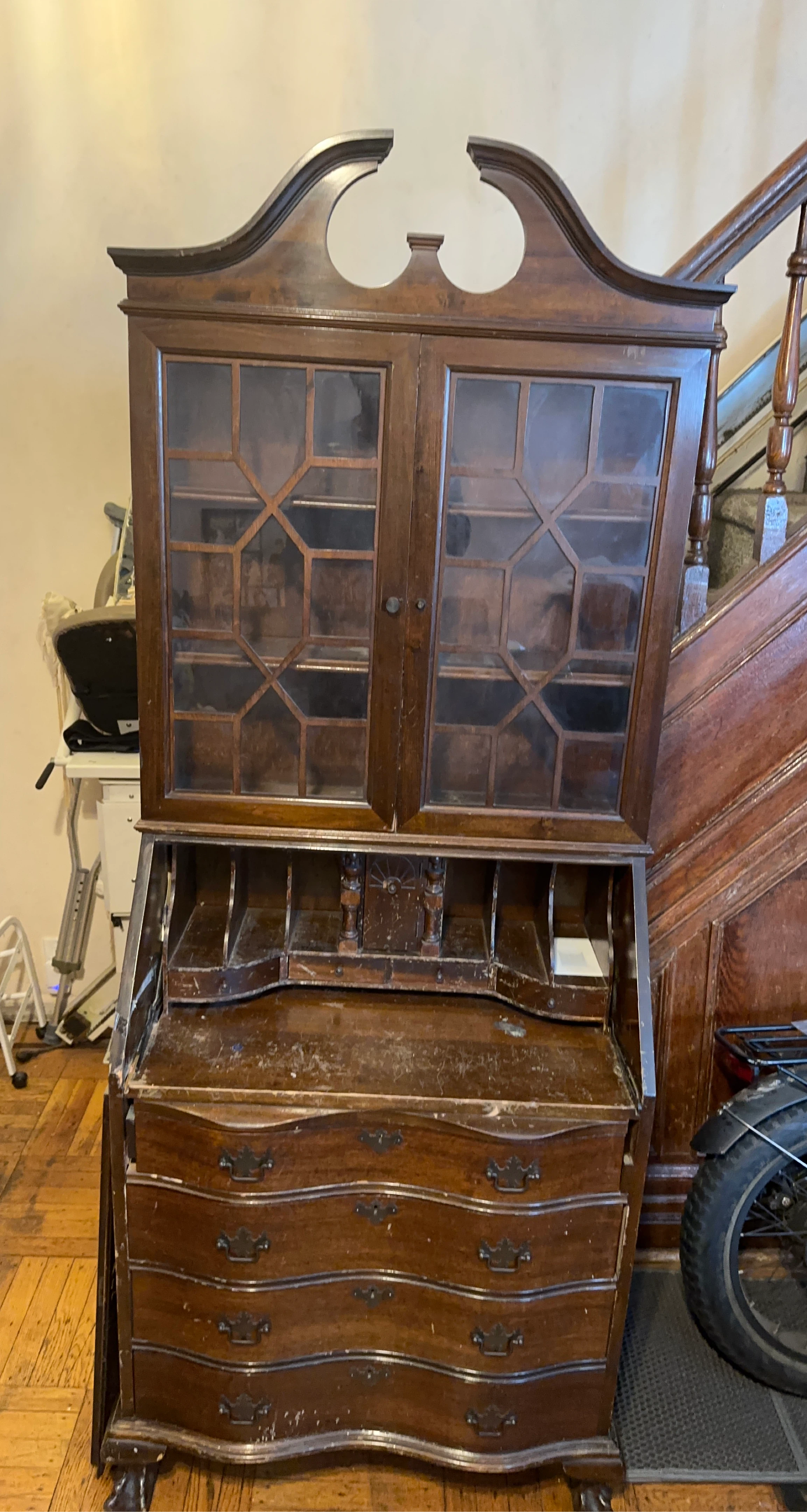 Vintage Wooden Secretary Desk with Glass Cabinet