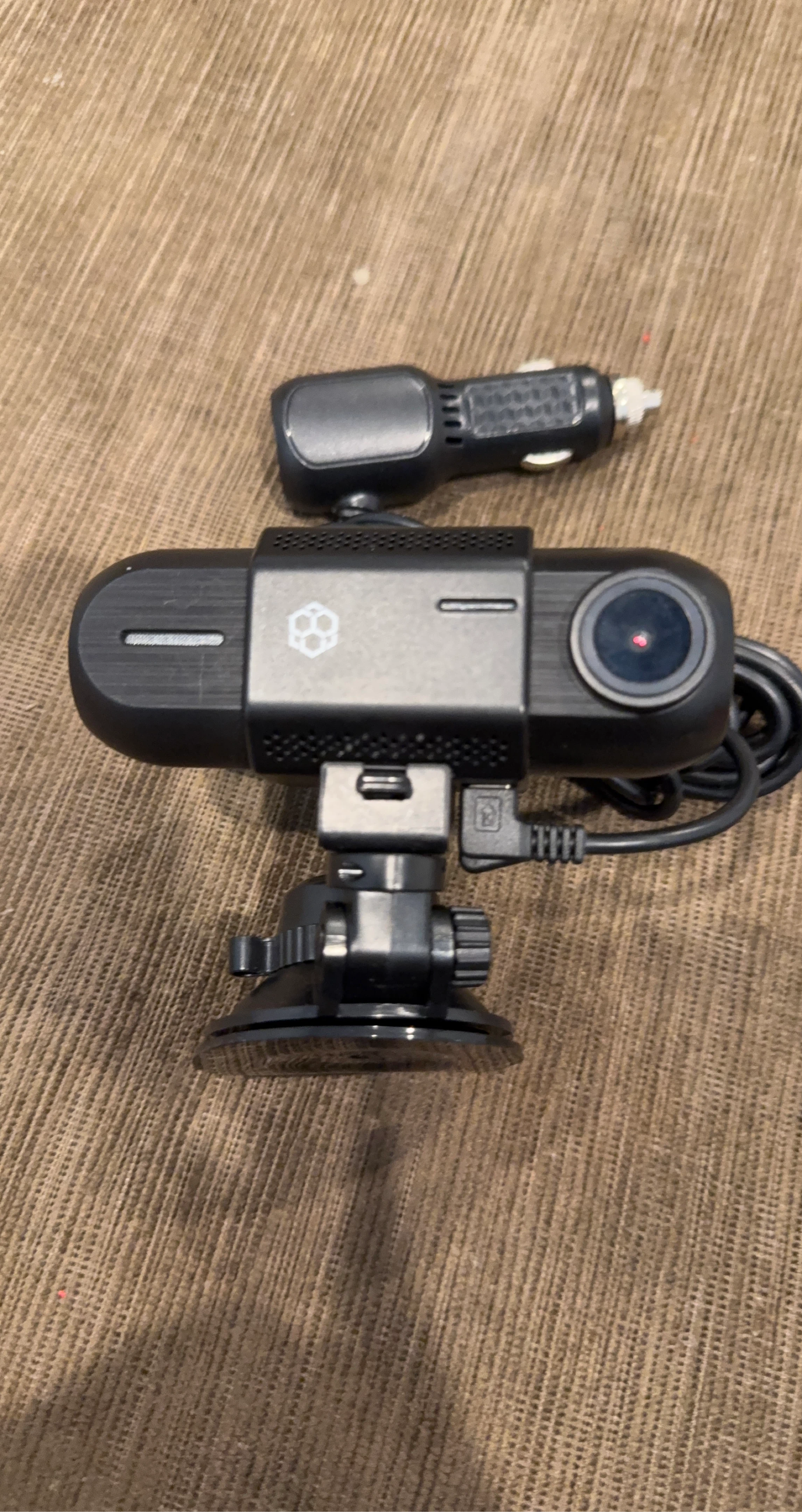 Black Dash Cam with Suction Cup Mount and Car Charger