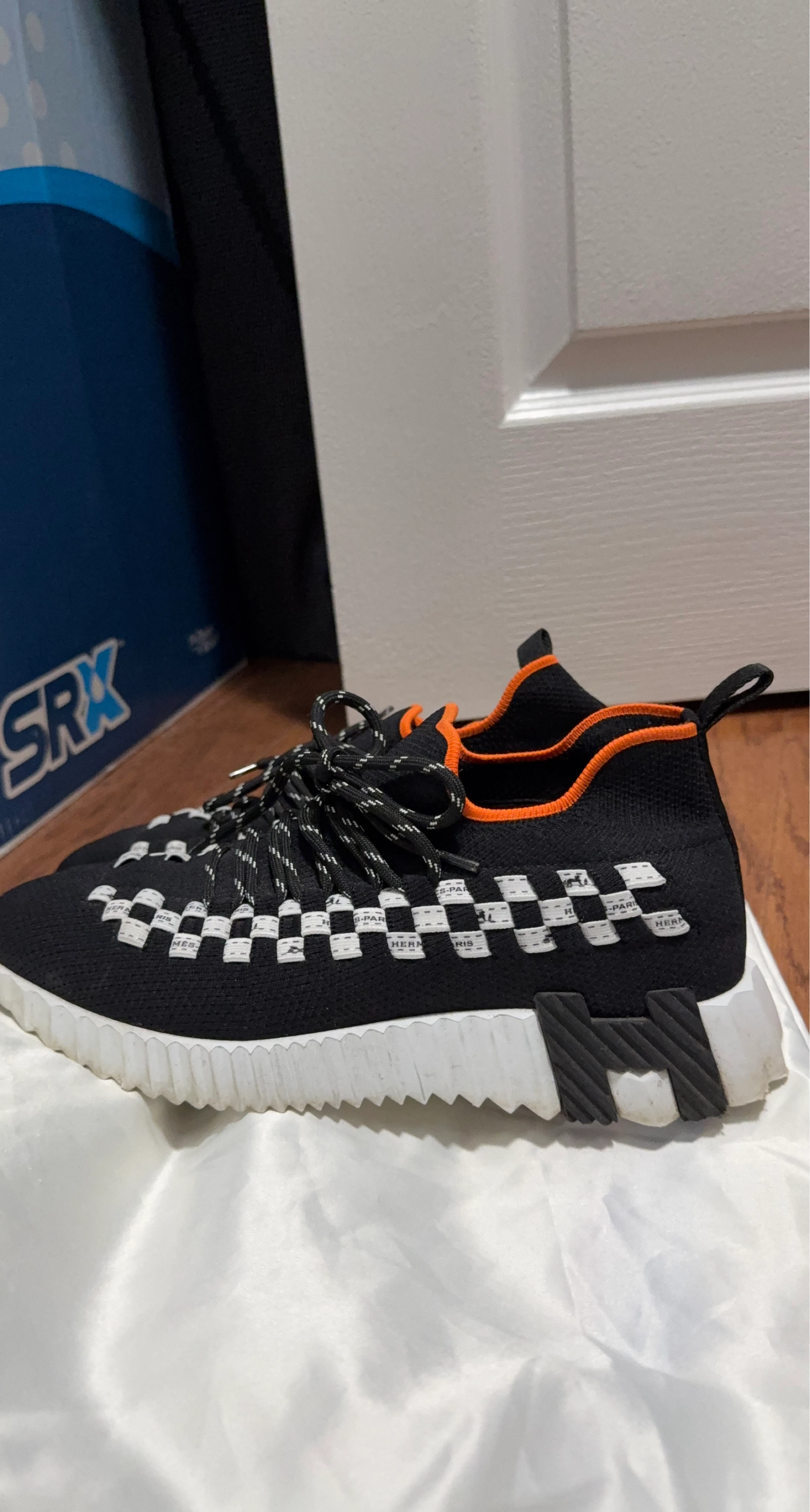 Hermes Black and Orange Knit Sneakers