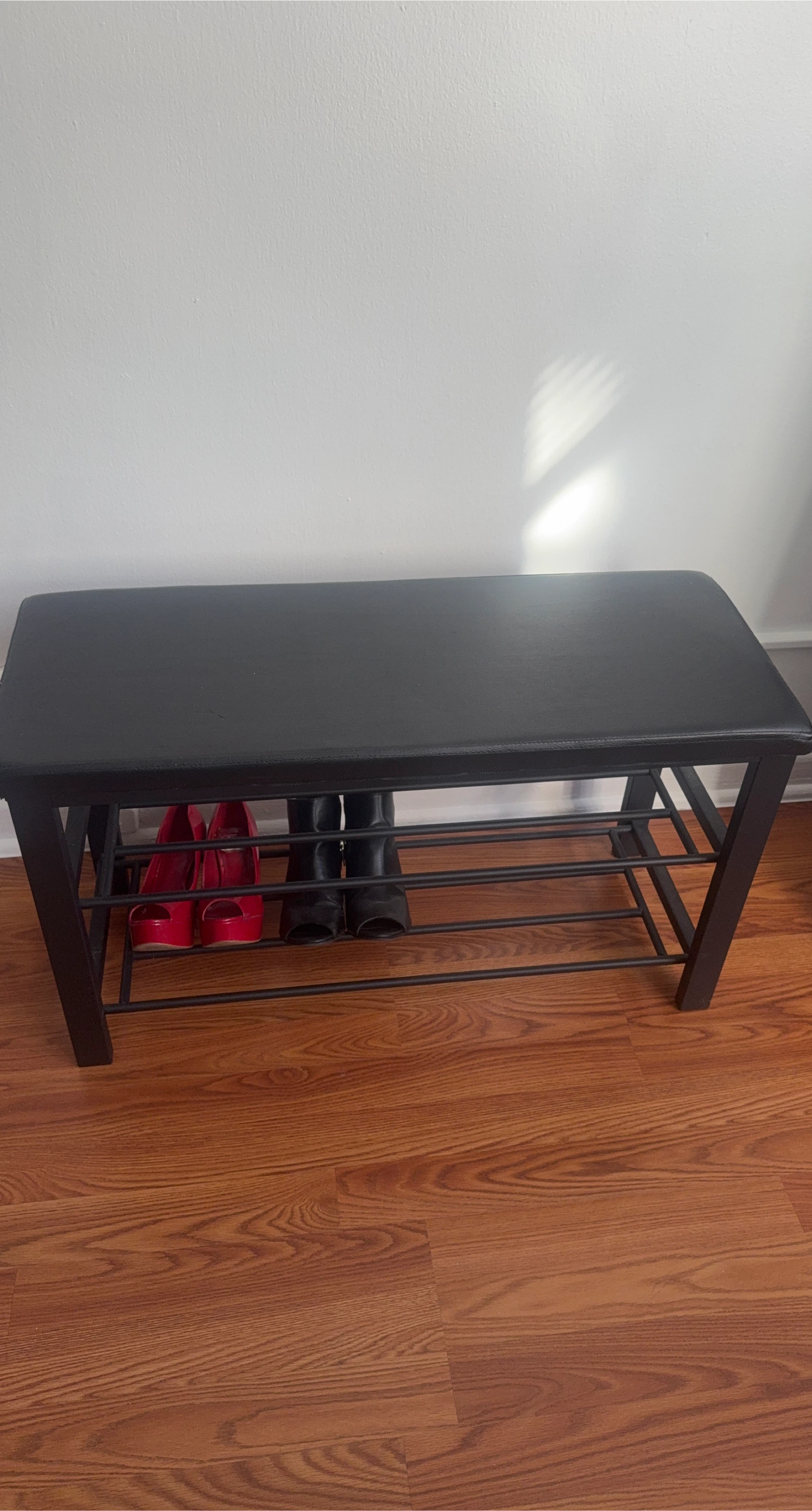 Black Padded Entryway Shoe Bench with Storage Rack