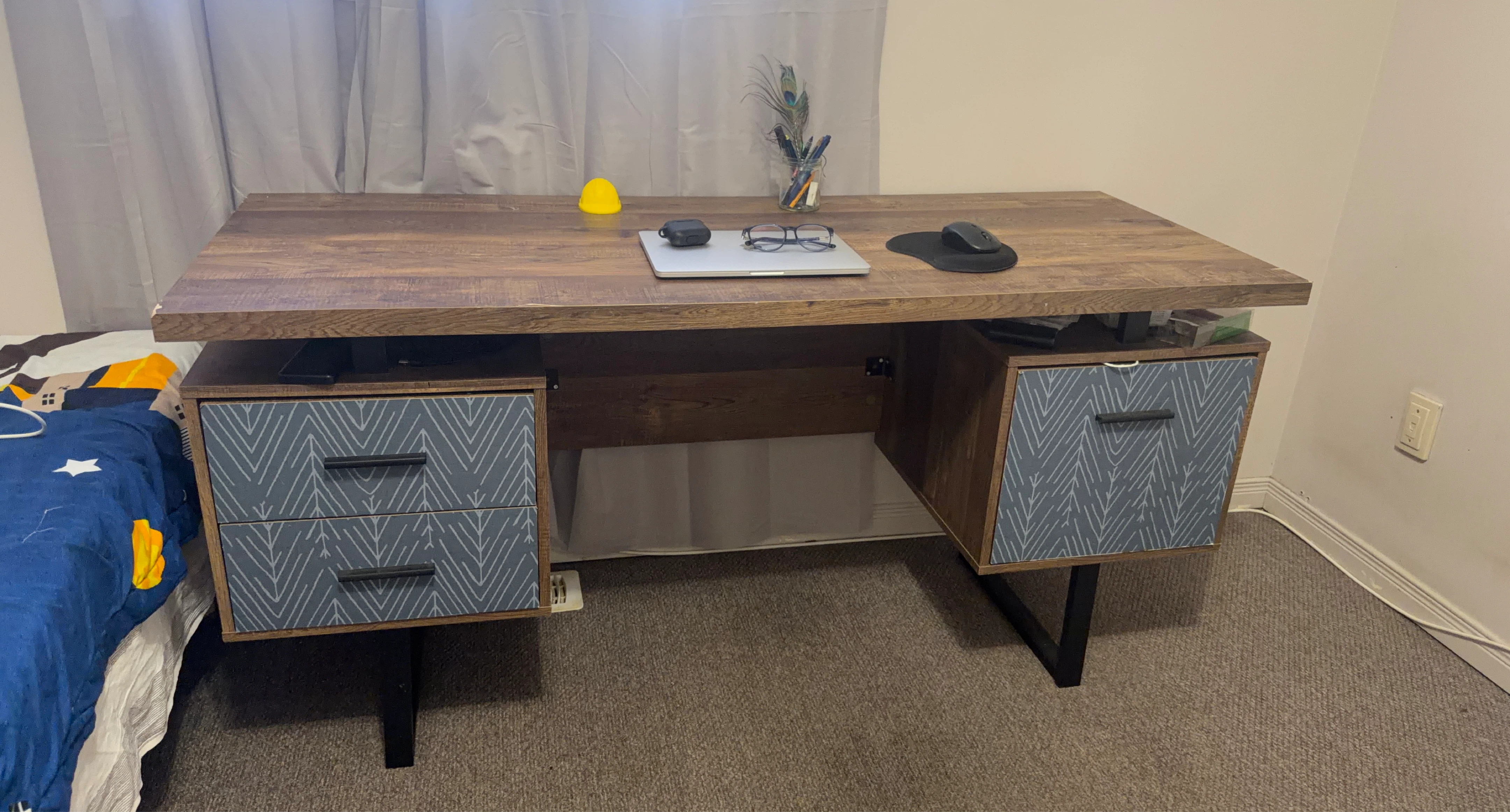 Rustic Wood Desk with Blue Patterned Drawers
