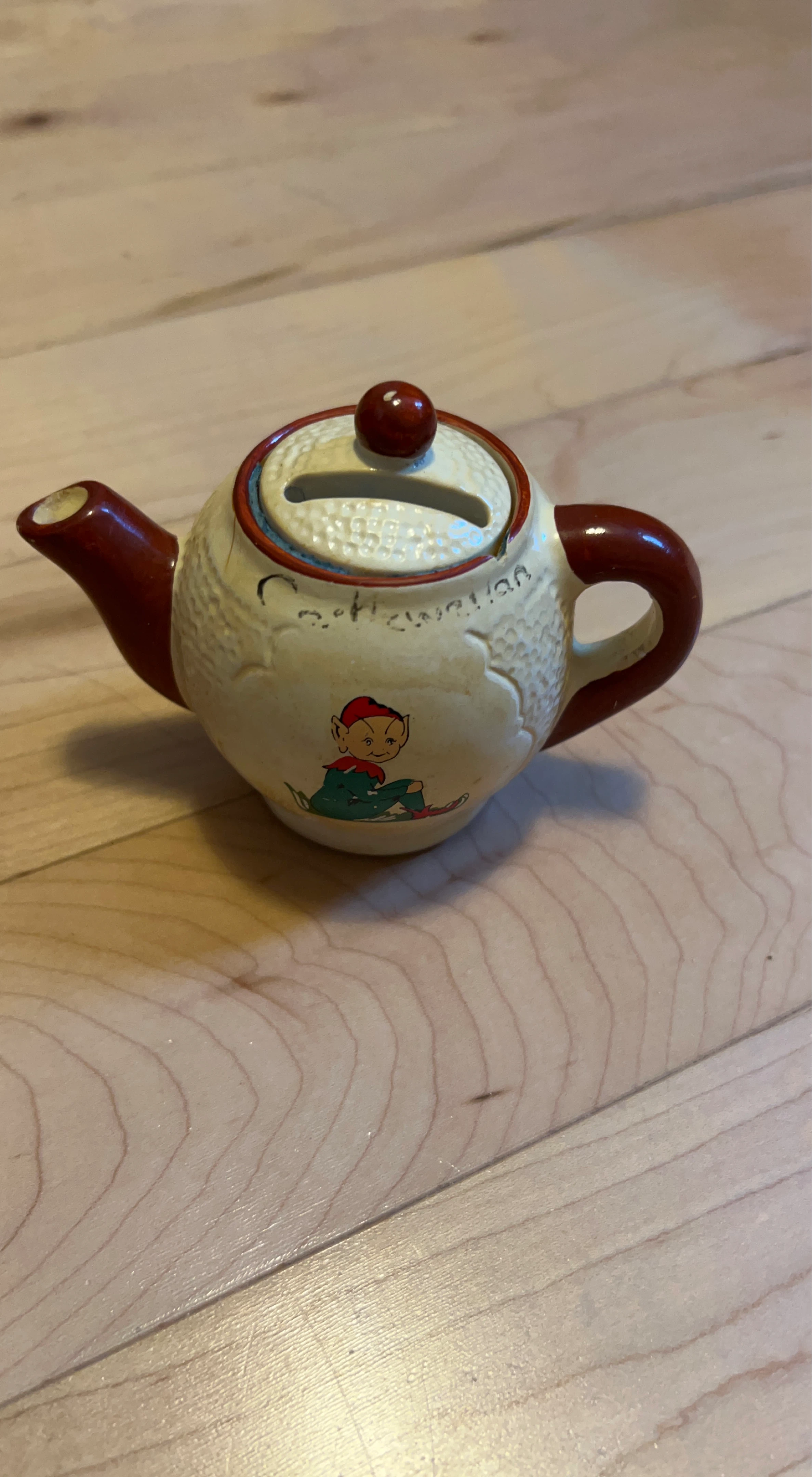Vintage Ceramic Teapot Piggy Bank with Elf Design