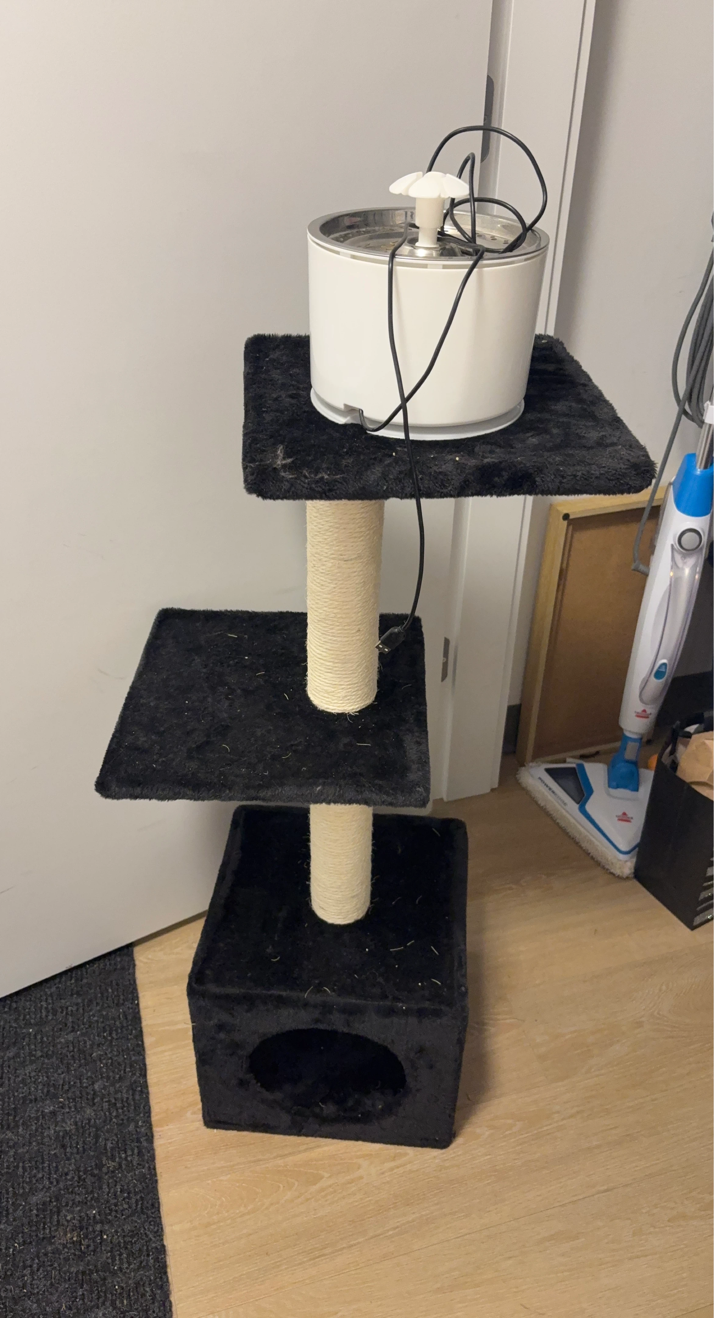 Black Cat Tree with Integrated Water Fountain