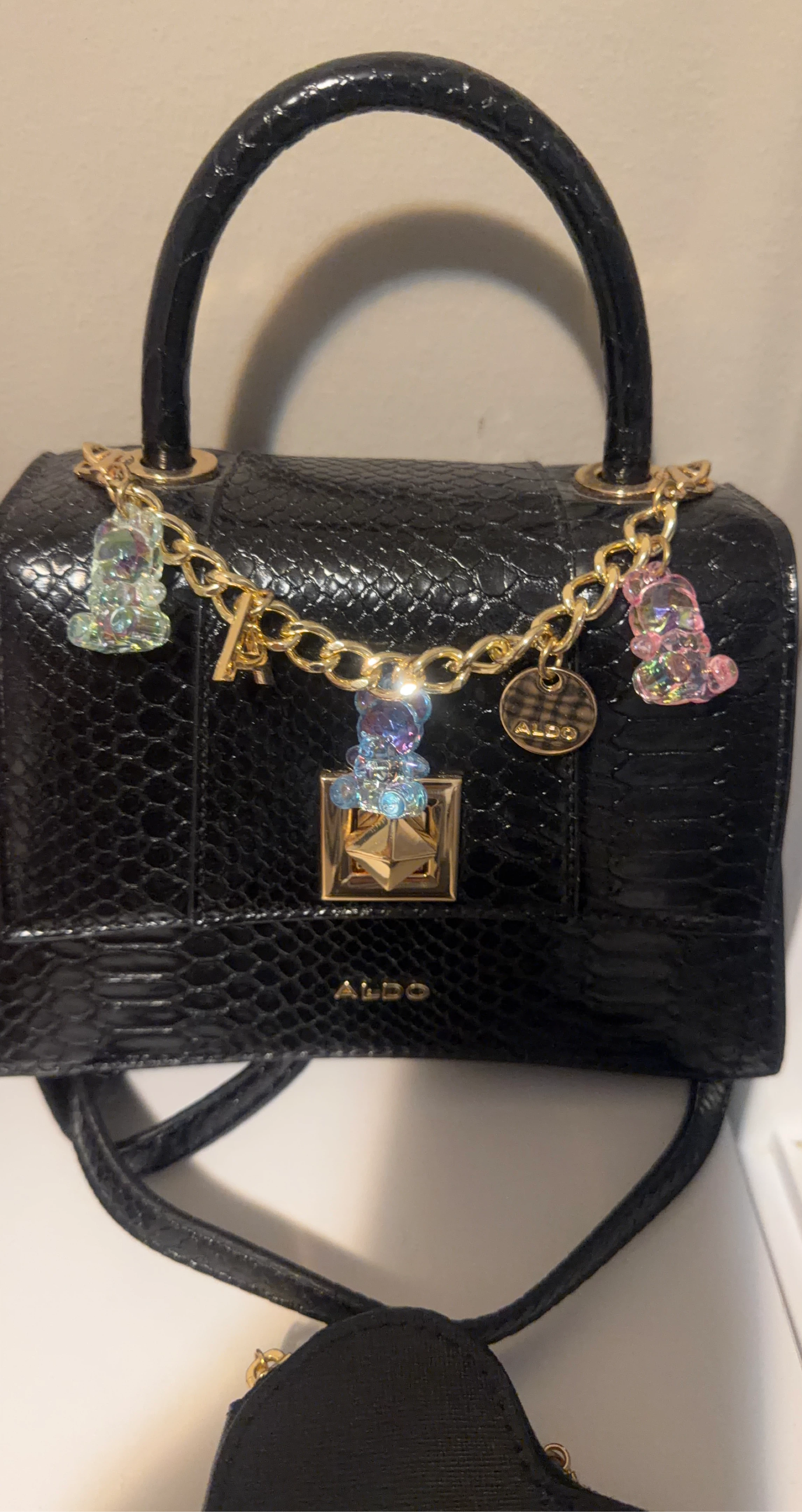 ALDO Black Faux Snakeskin Top Handle Bag with Charms