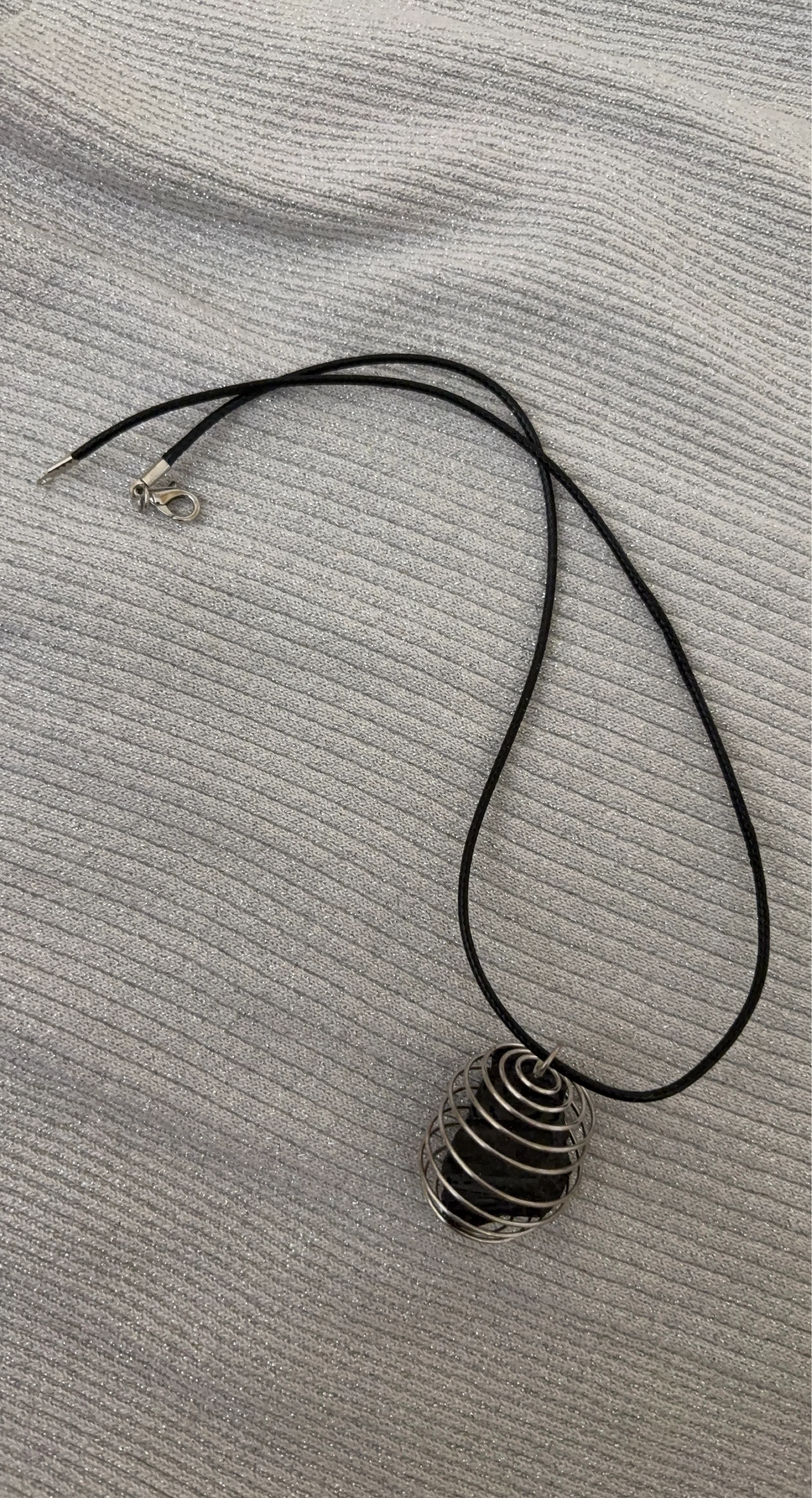 Black Stone Pendant Necklace with Silver Coil Cage